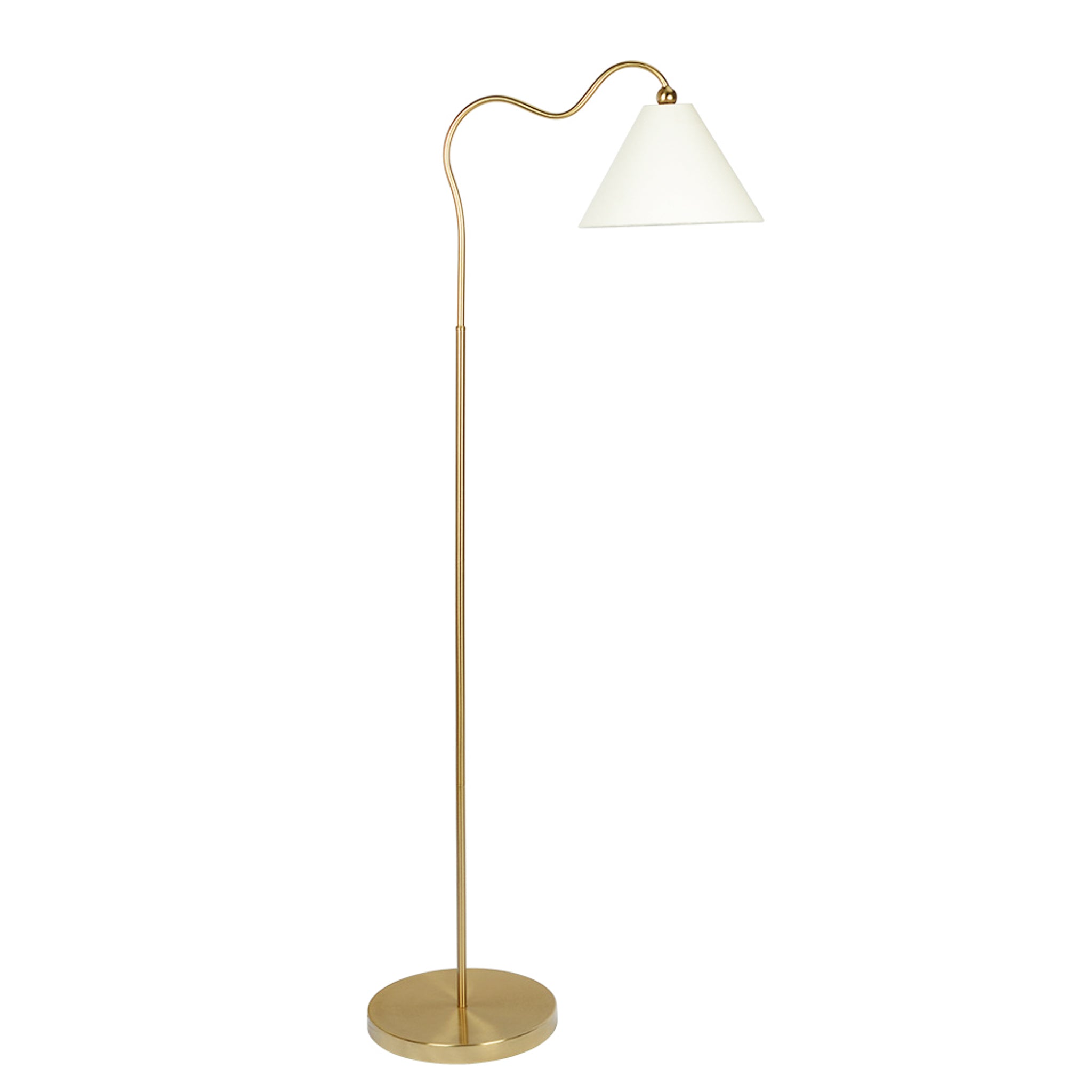 Marcel Brass Ring Base Curved Floor Lamp with Triangle White Drum Shade