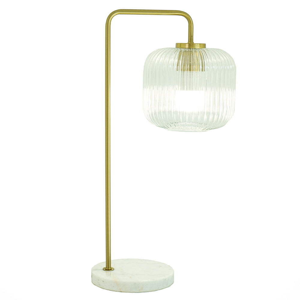 Markham Clear Glass Table Lamp, Gold Brush Metal and Marble Base, Button Control