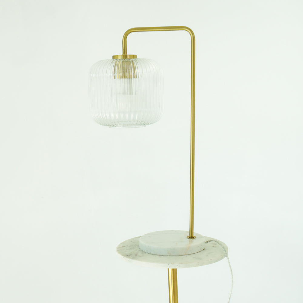 Markham Clear Glass Table Lamp, Gold Brush Metal and Marble Base, Button Control