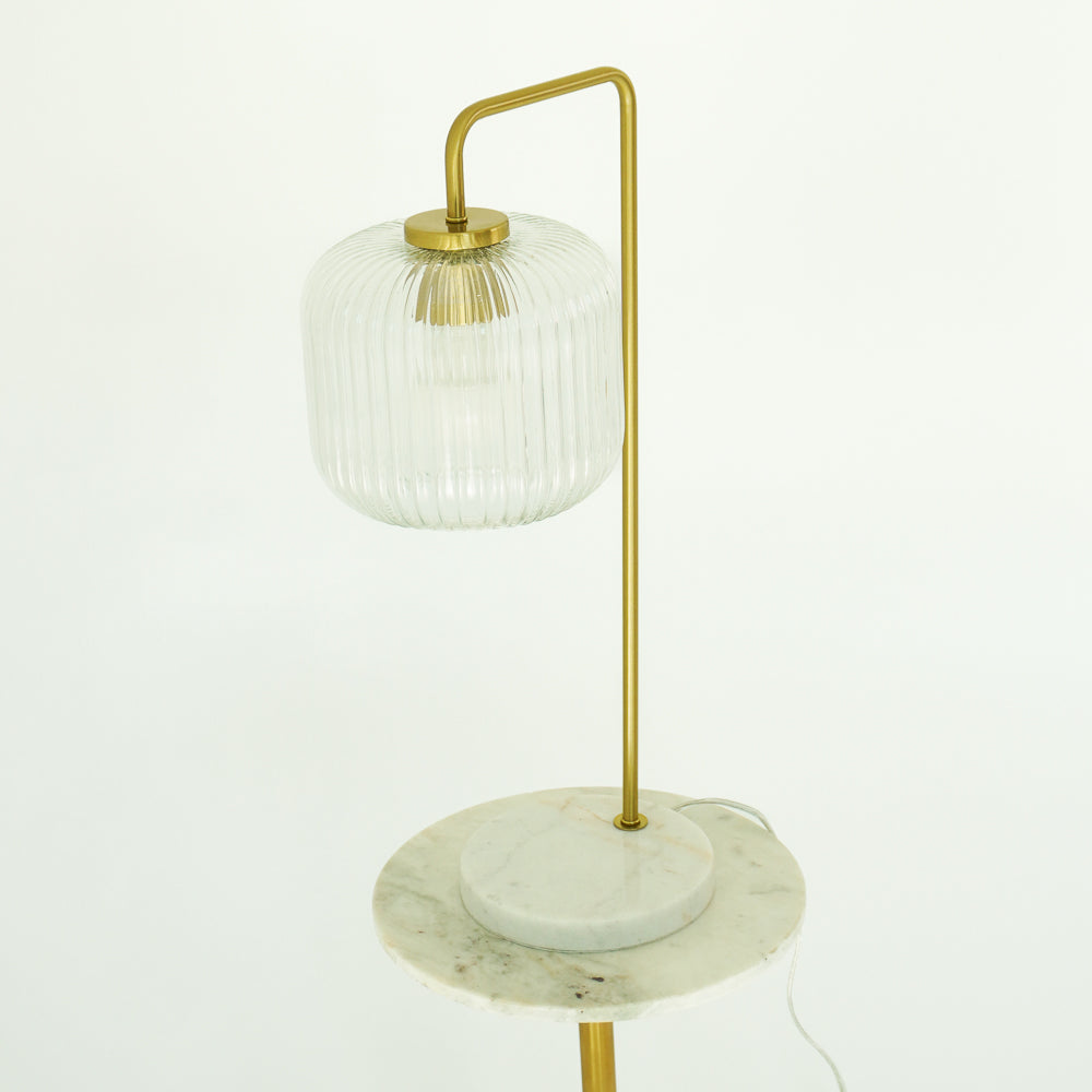 Markham Clear Glass Table Lamp, Gold Brush Metal and Marble Base, Button Control