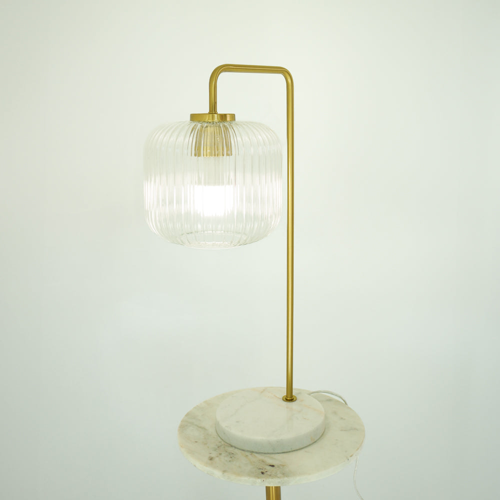 Markham Clear Glass Table Lamp, Gold Brush Metal and Marble Base, Button Control