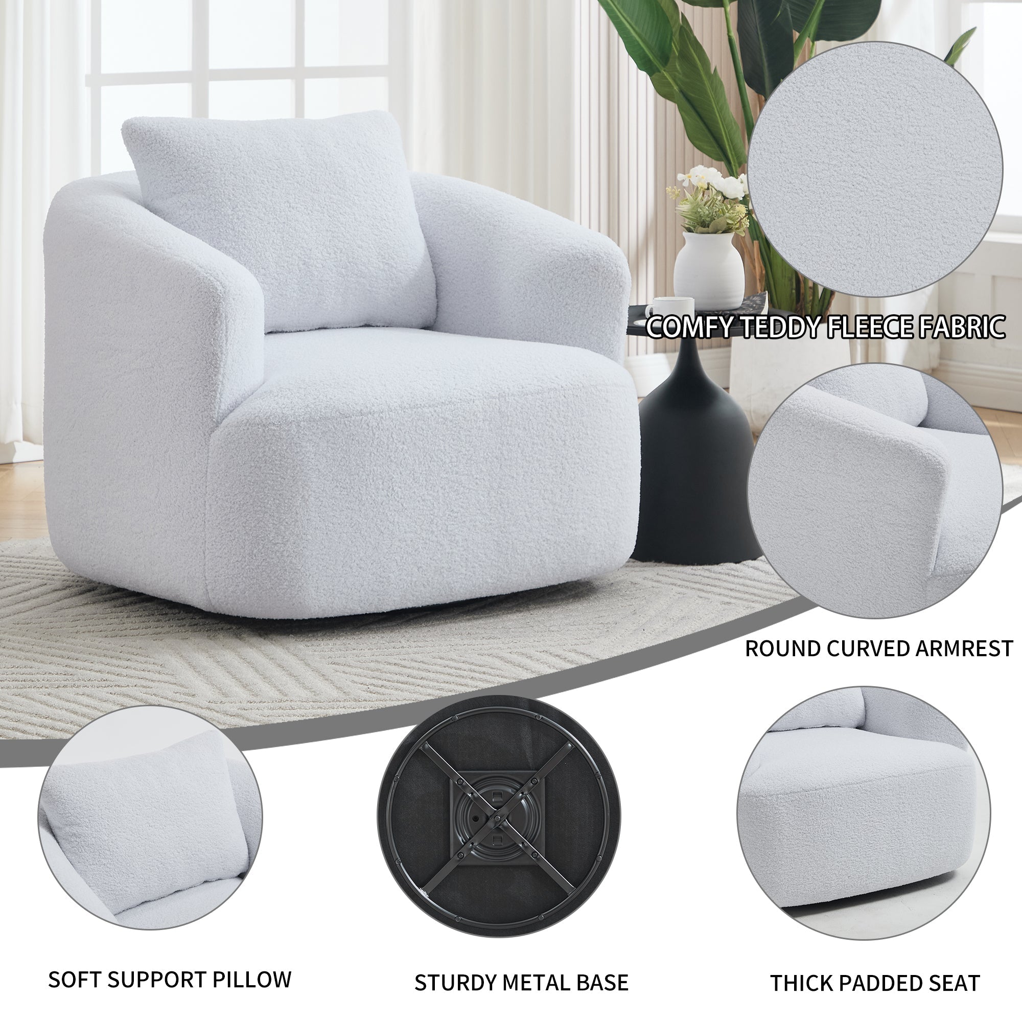 Desna 360° Swivel Round Upholstered Comfy Chair With One Soft Pillow