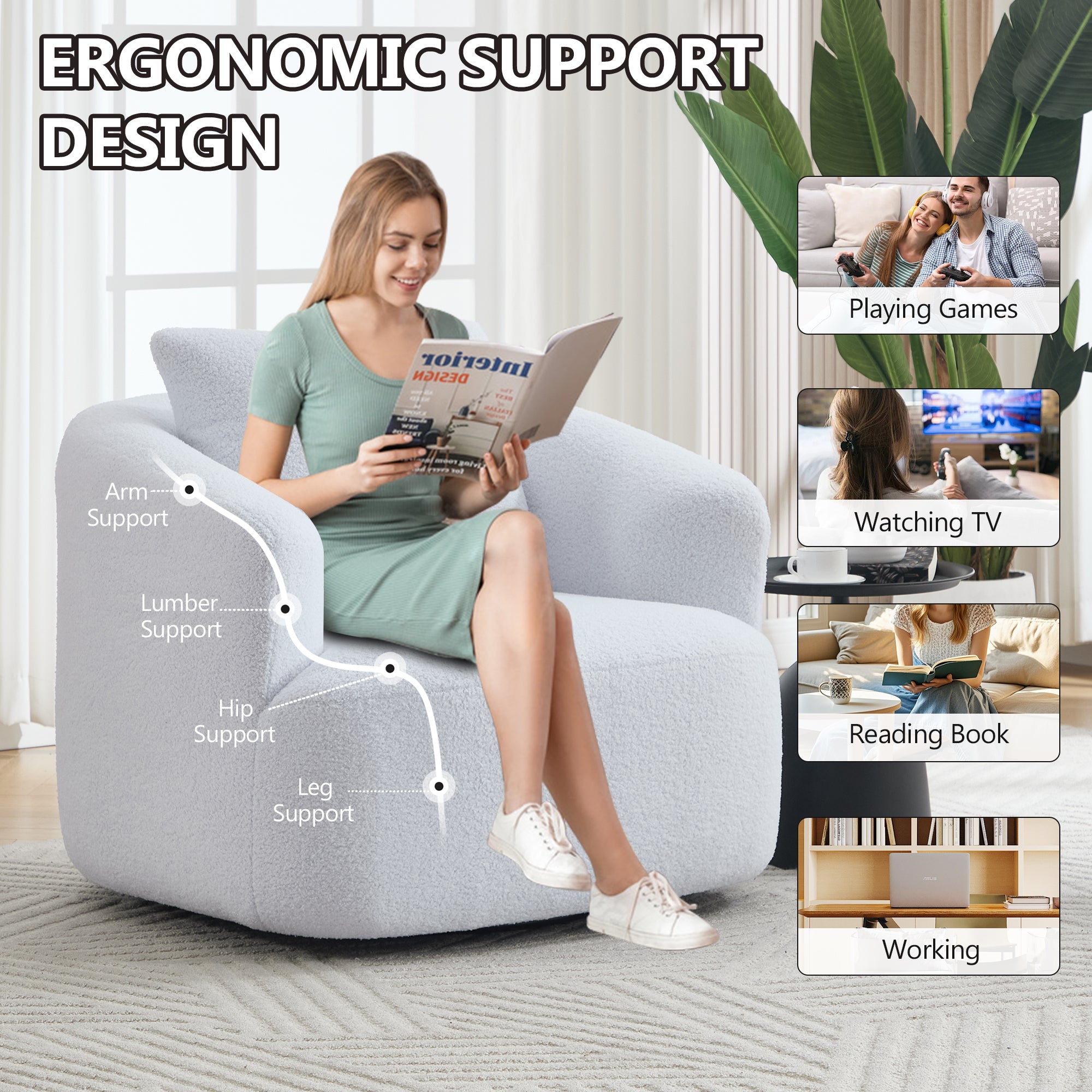 Desna 360° Swivel Round Upholstered Comfy Chair With One Soft Pillow