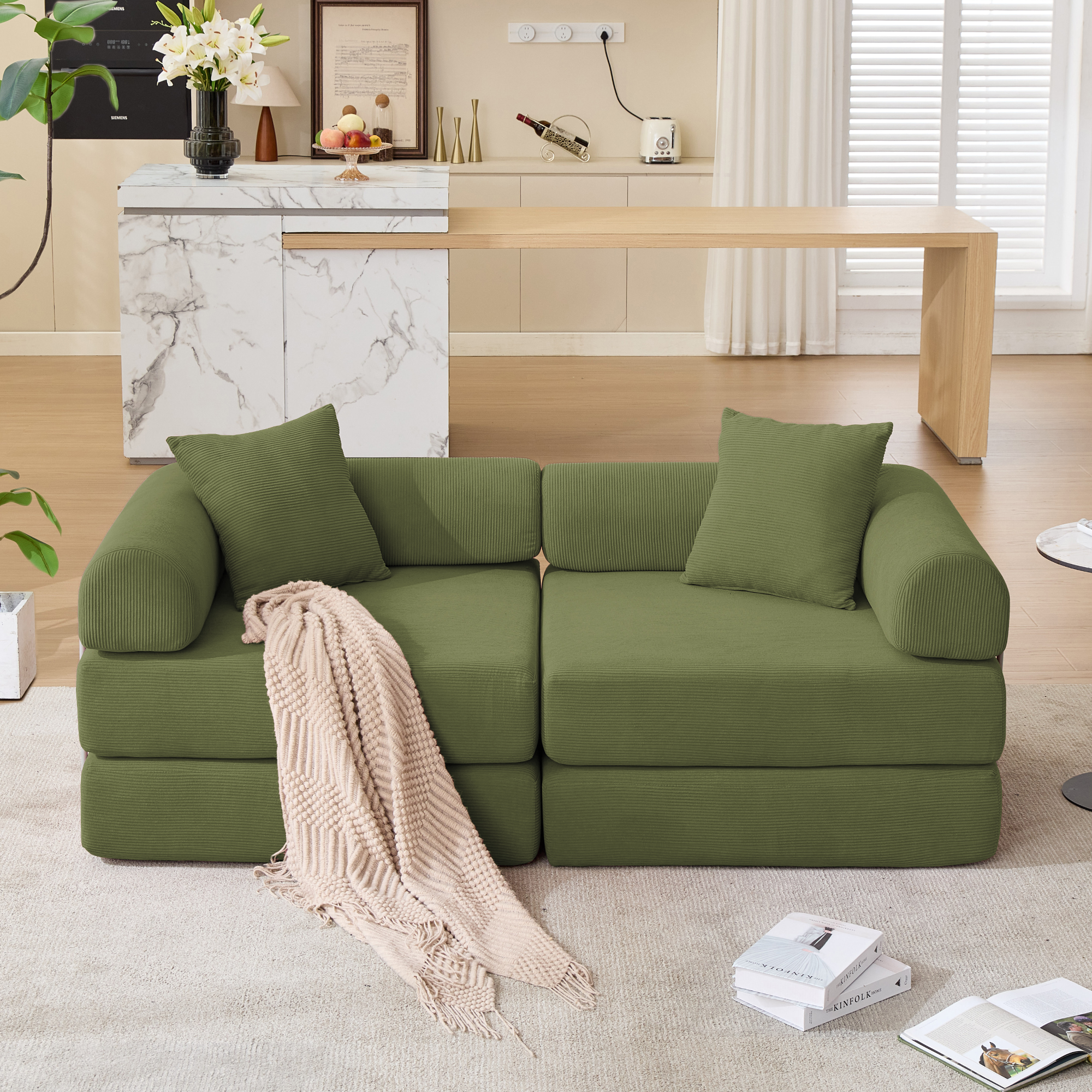Gaged Modular Couch Green Corduroy Sofa Bed - Convertible Sofa