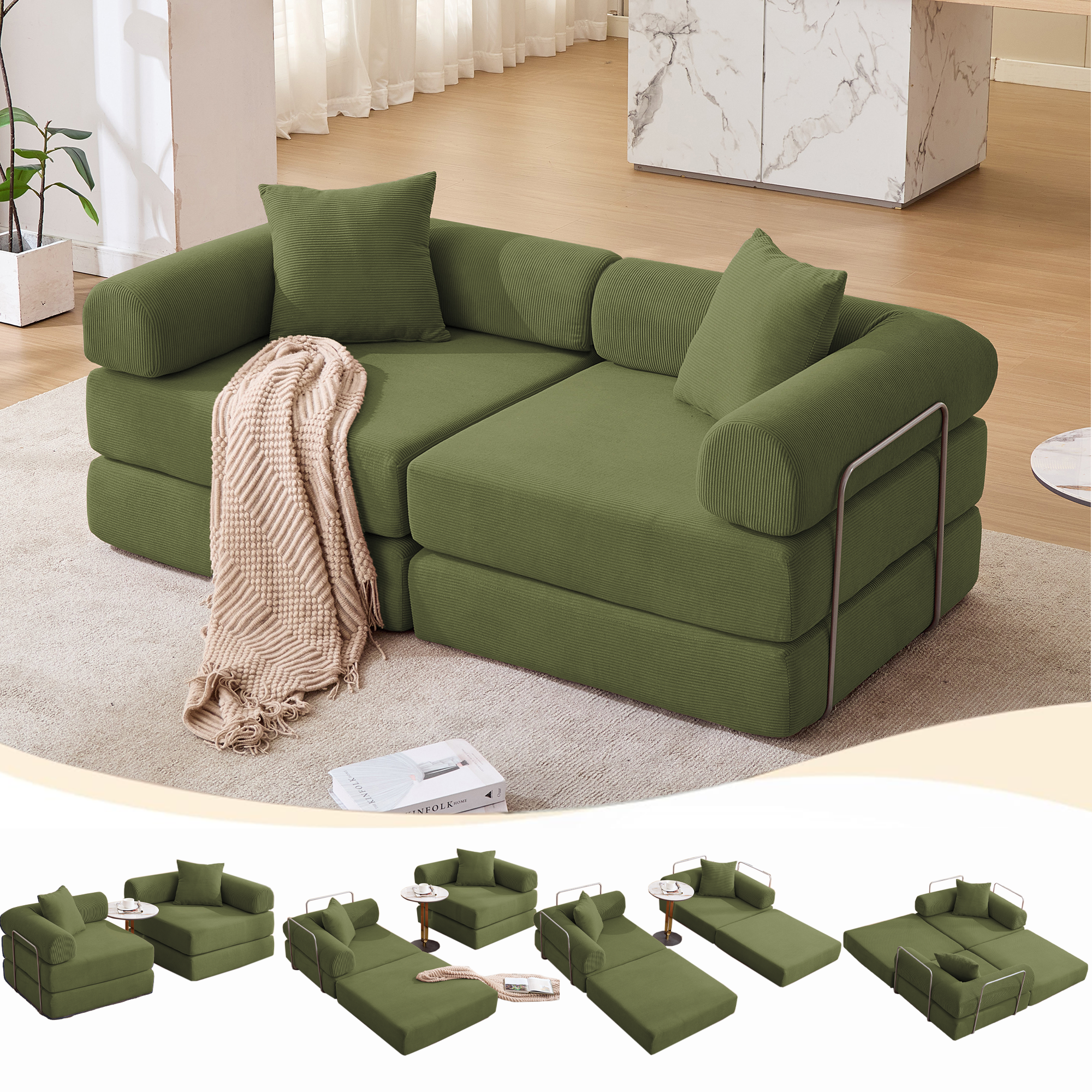 Gaged Modular Couch Green Corduroy Sofa Bed - Convertible Sofa