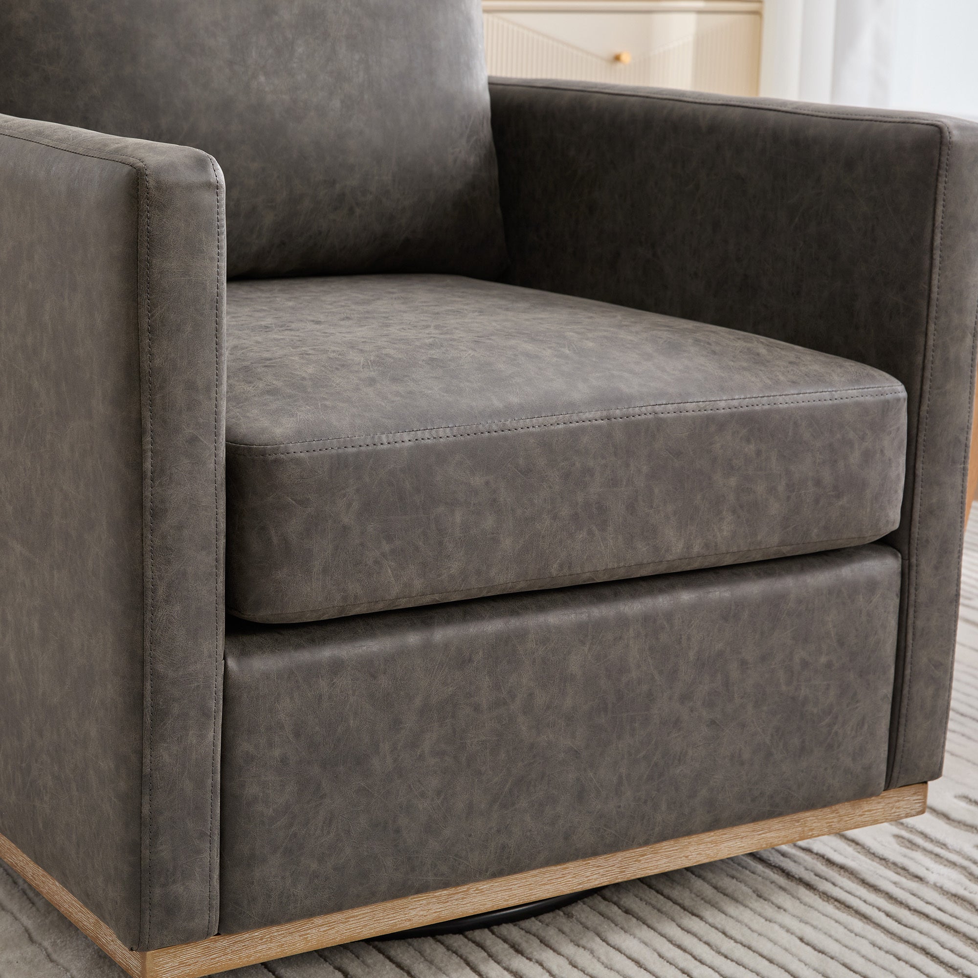 Hira Modern Grey Vegan Leather Upholstered Square Swivel Accent Chair