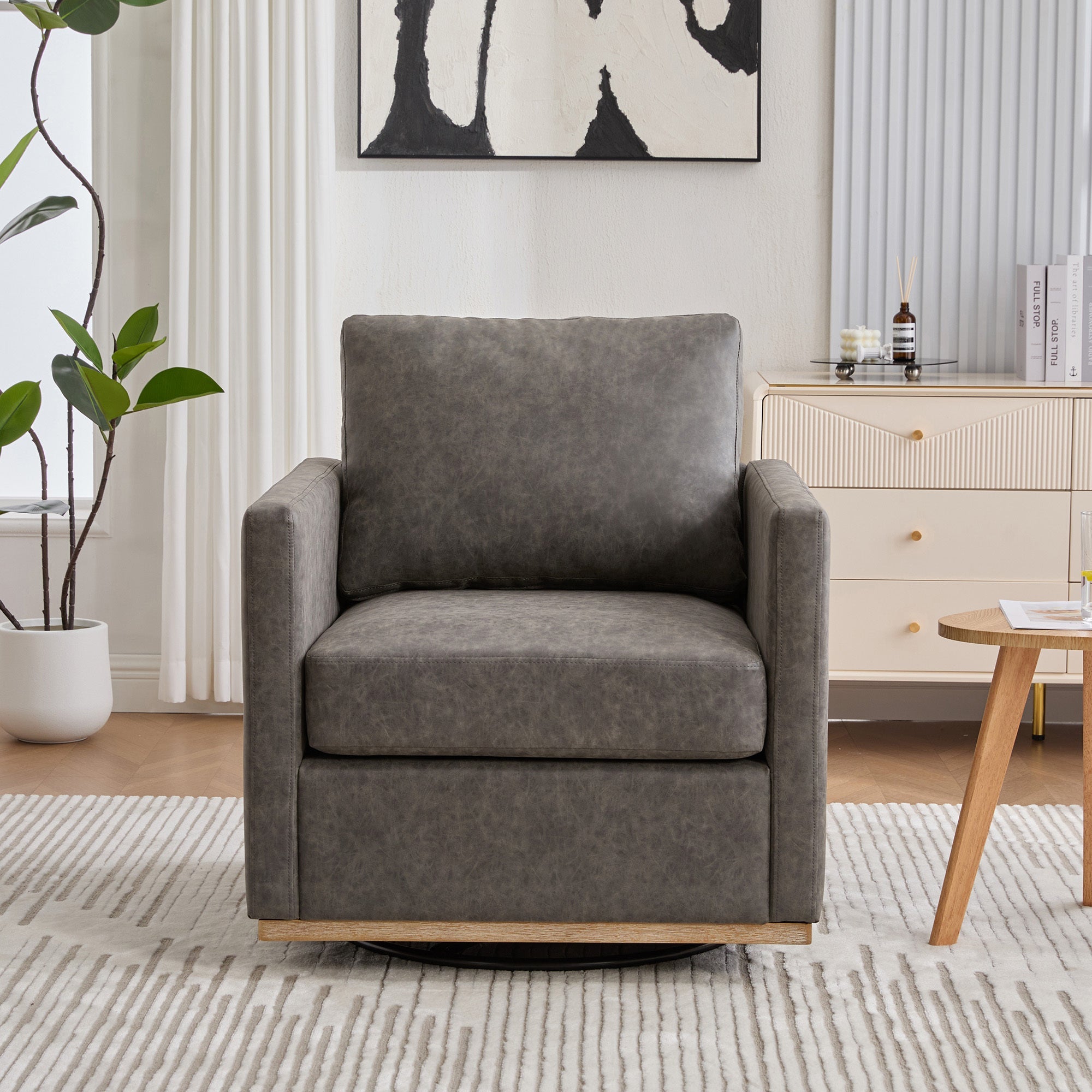 Hira Modern Grey Vegan Leather Upholstered Square Swivel Accent Chair