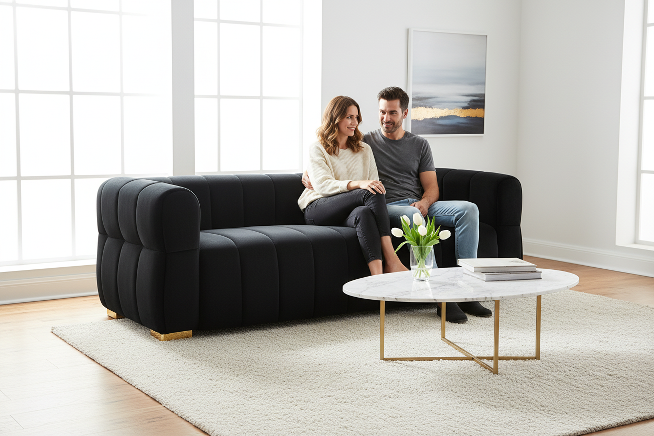 Luka Black Velvet Sofa with Tufted Low Back Design
