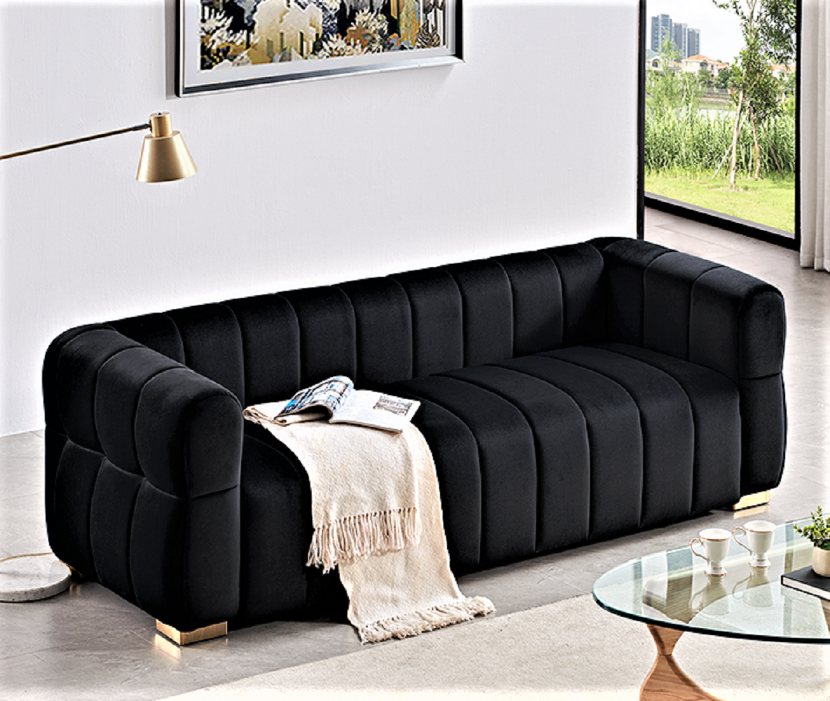 Luka Black Velvet Sofa with Tufted Low Back Design