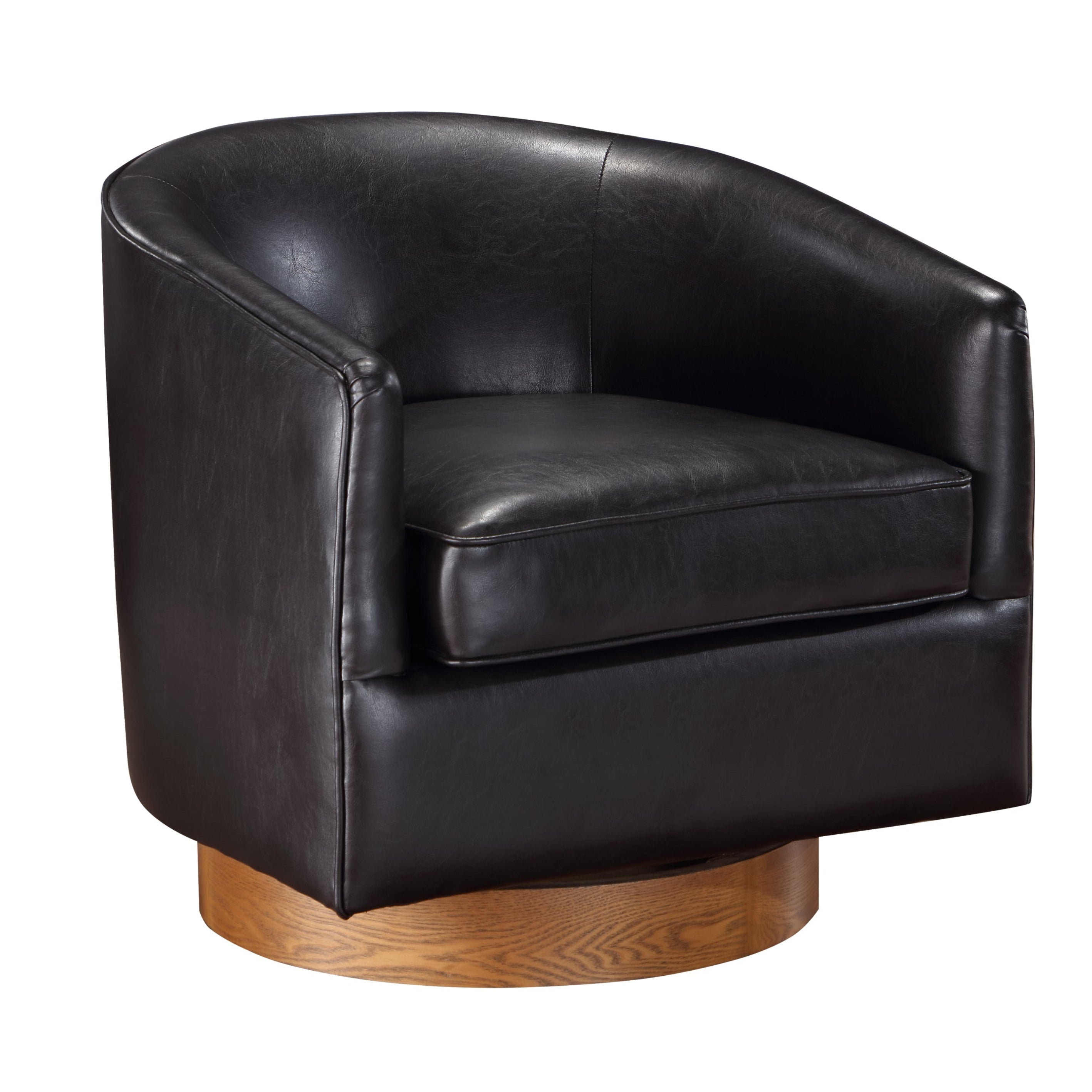 Maisy Brown Vegan Leather Barrel Swivel Chair with Wood Base
