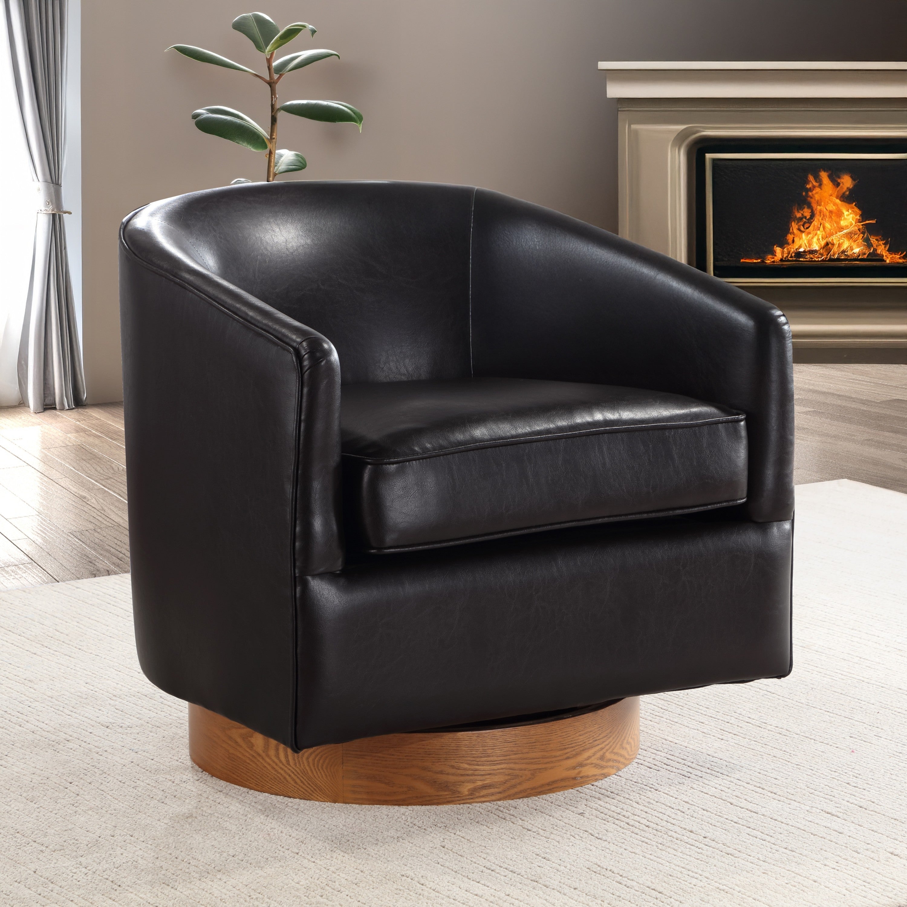 Maisy Brown Vegan Leather Barrel Swivel Chair with Wood Base