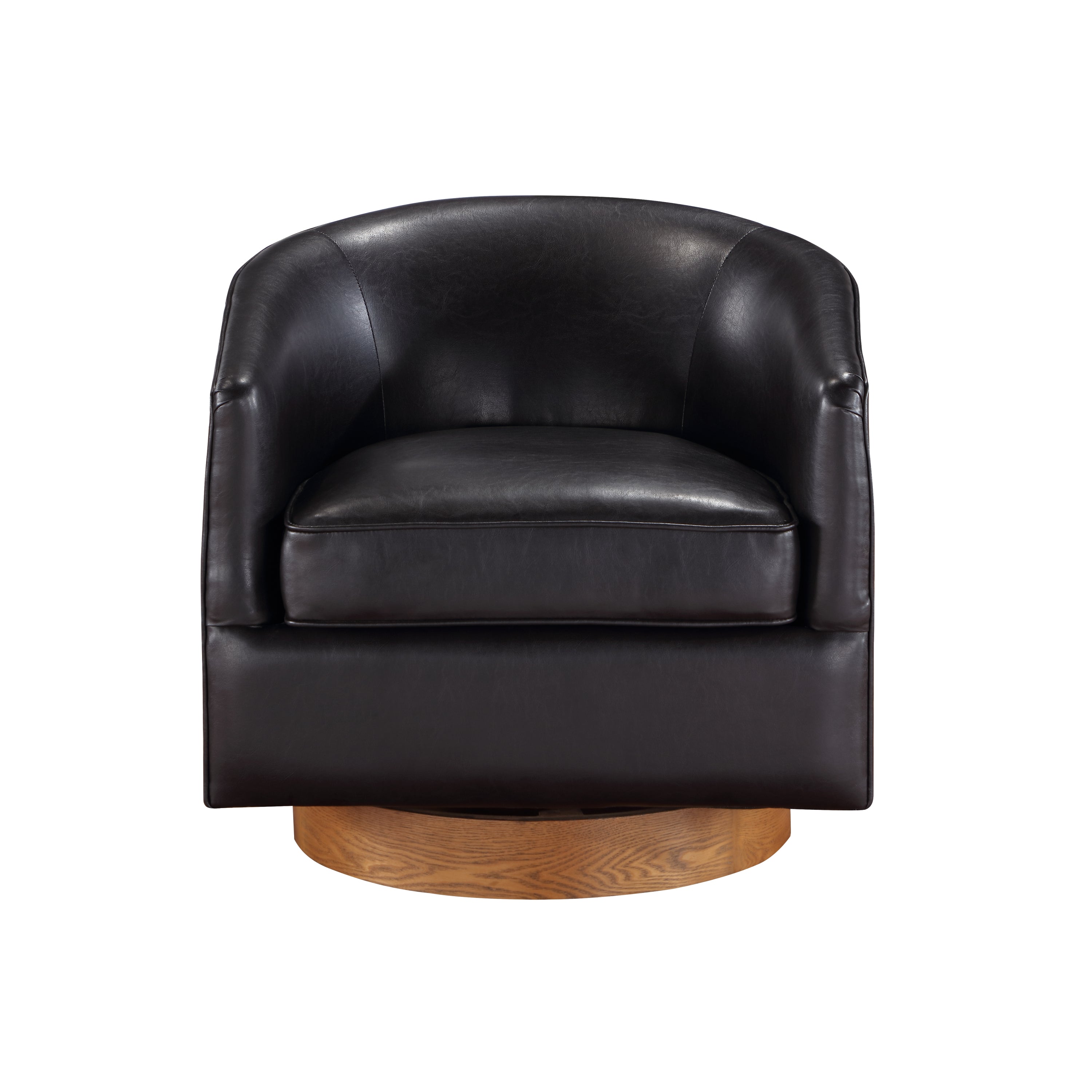 Maisy Brown Vegan Leather Barrel Swivel Chair with Wood Base