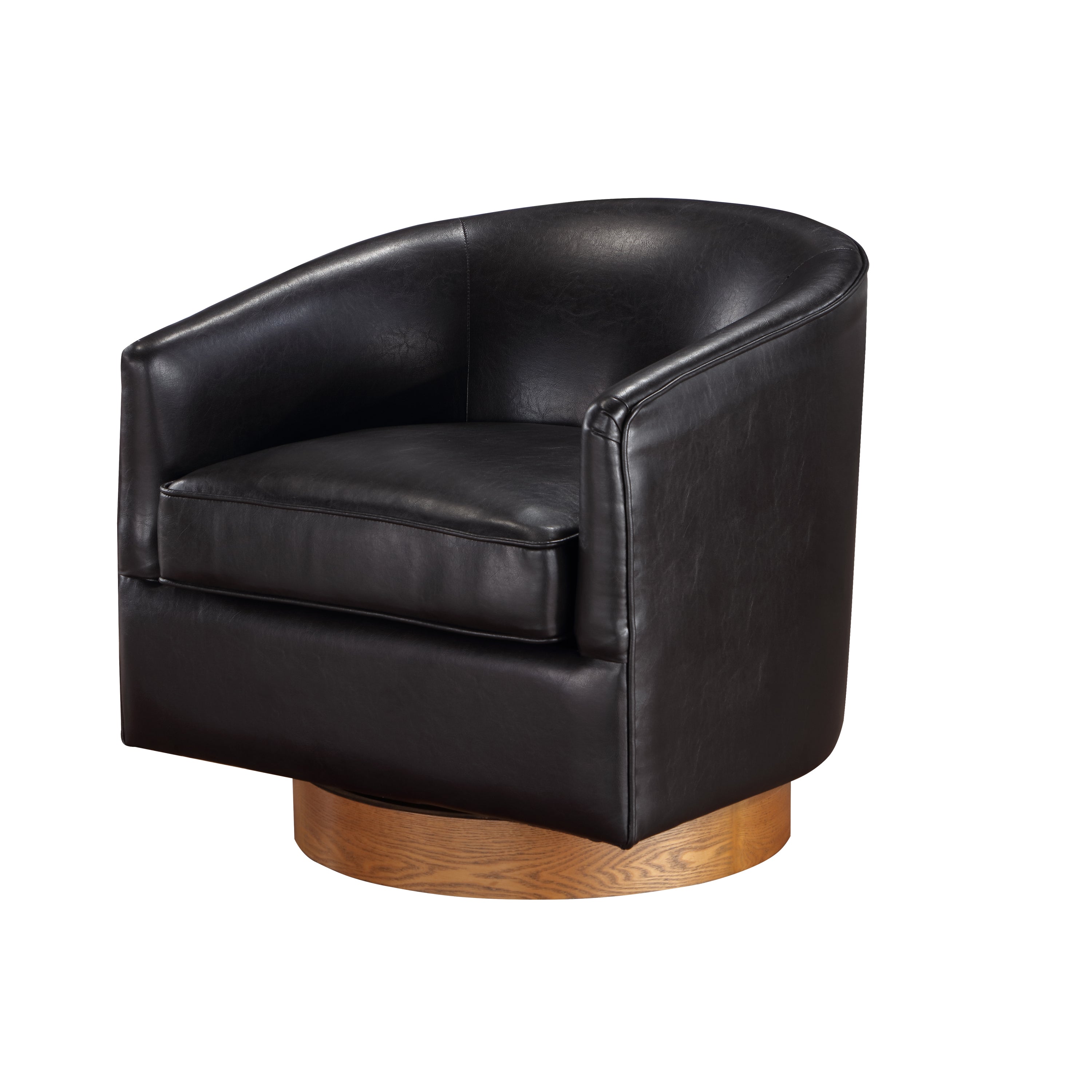 Maisy Brown Vegan Leather Barrel Swivel Chair with Wood Base