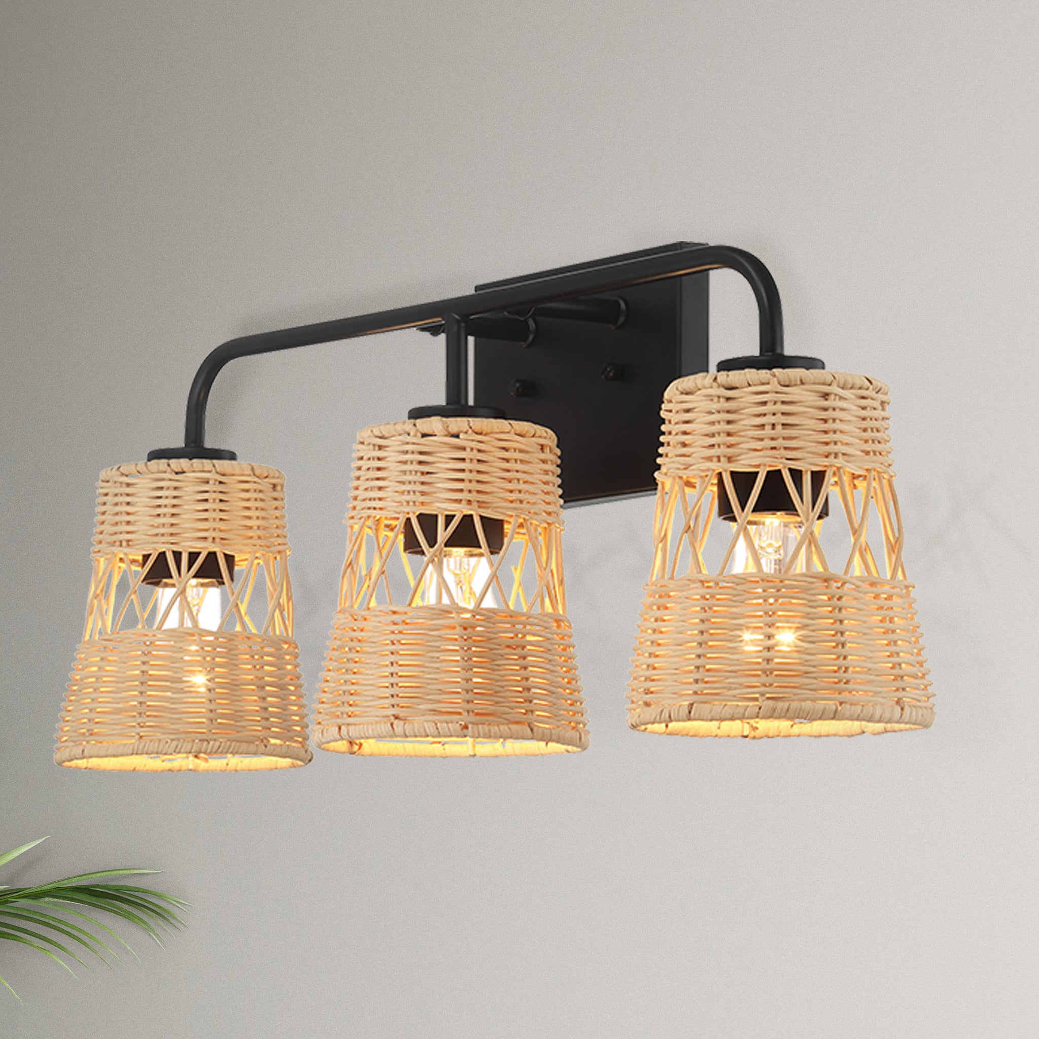 Photon Three Lights Wall Sconce Rattan Shade, Bathroom Lighting Fixtures Over Mirror