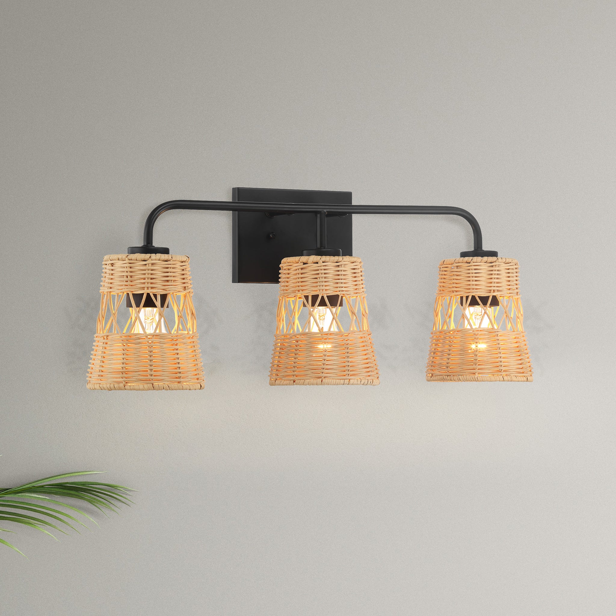 Photon Three Lights Wall Sconce Rattan Shade, Bathroom Lighting Fixtures Over Mirror