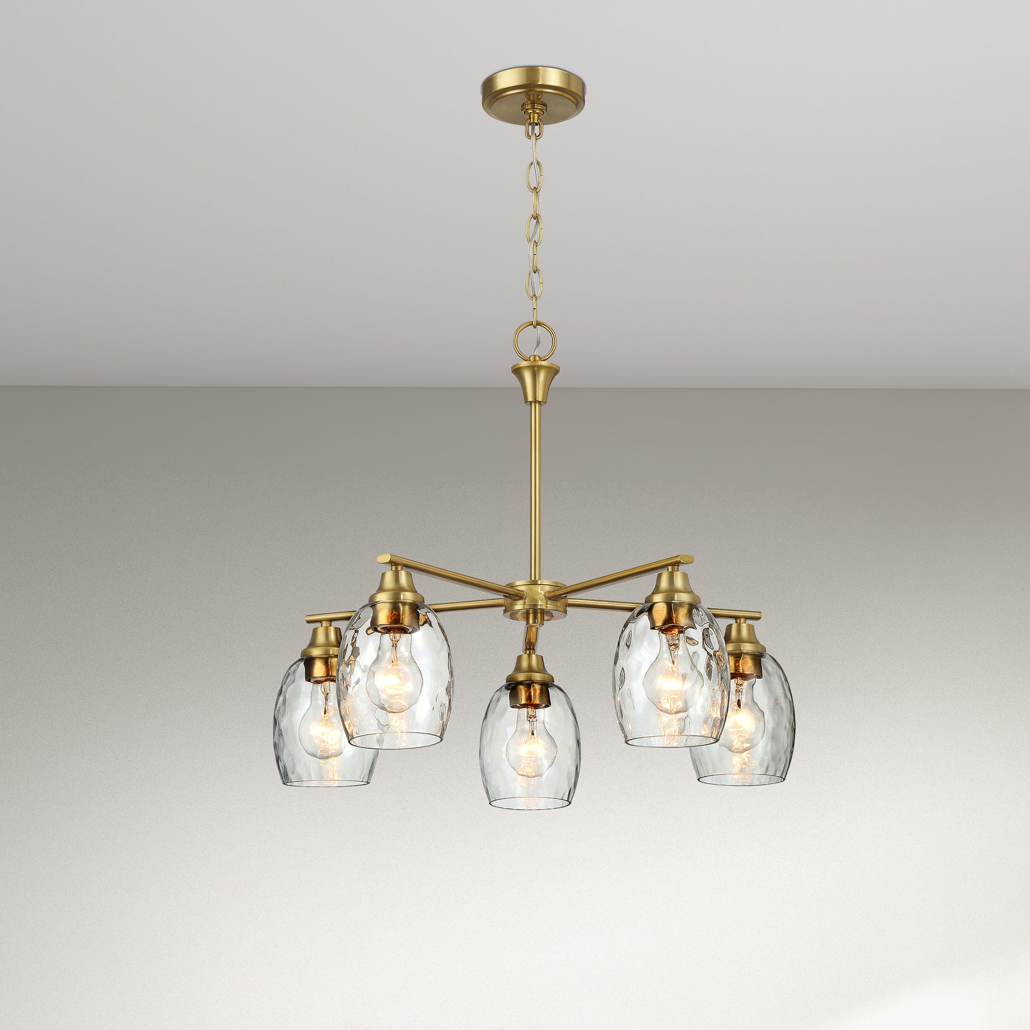 Mystique Five Lights Linear Arms  with Golden Brass Finish Chain Chandelier 24"W × 8.5"H with Clear Water Glass