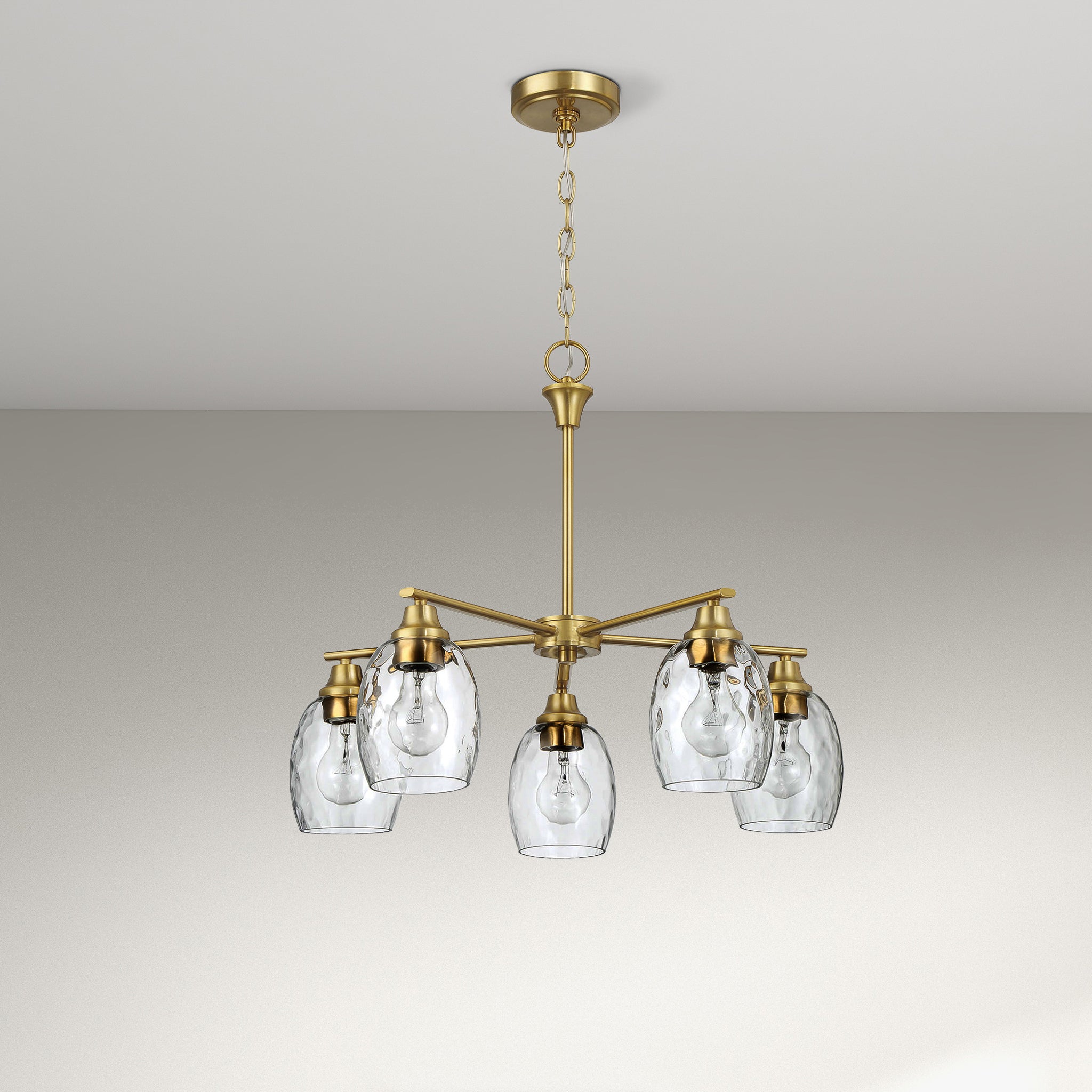 Mystique Five Lights Linear Arms  with Golden Brass Finish Chain Chandelier 24"W × 8.5"H with Clear Water Glass