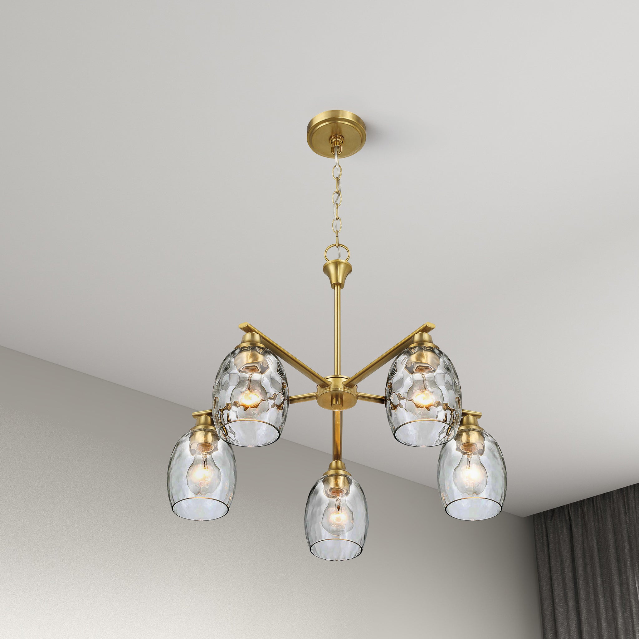 Mystique Five Lights Linear Arms  with Golden Brass Finish Chain Chandelier 24"W × 8.5"H with Clear Water Glass