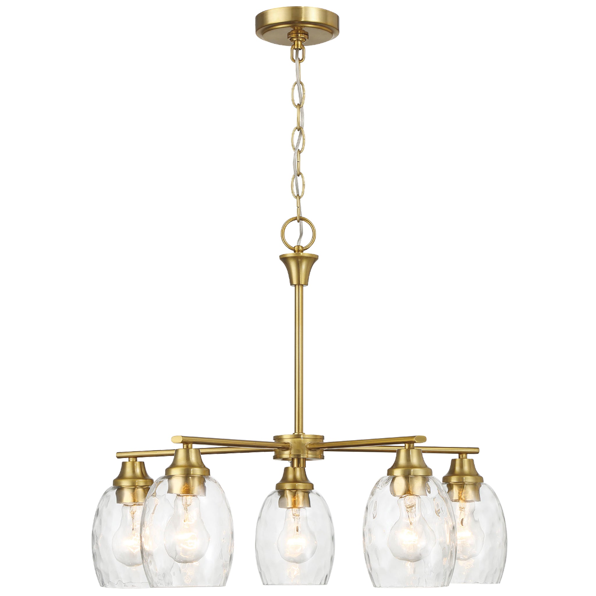 Mystique Five Lights Linear Arms  with Golden Brass Finish Chain Chandelier 24"W × 8.5"H with Clear Water Glass