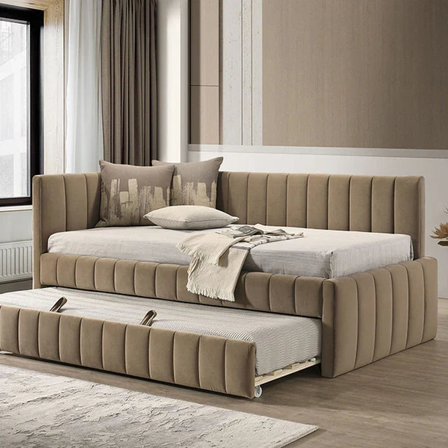 Nardi Contemporary Brown Velvet-Like Upholstered Twin Daybed with Trundle