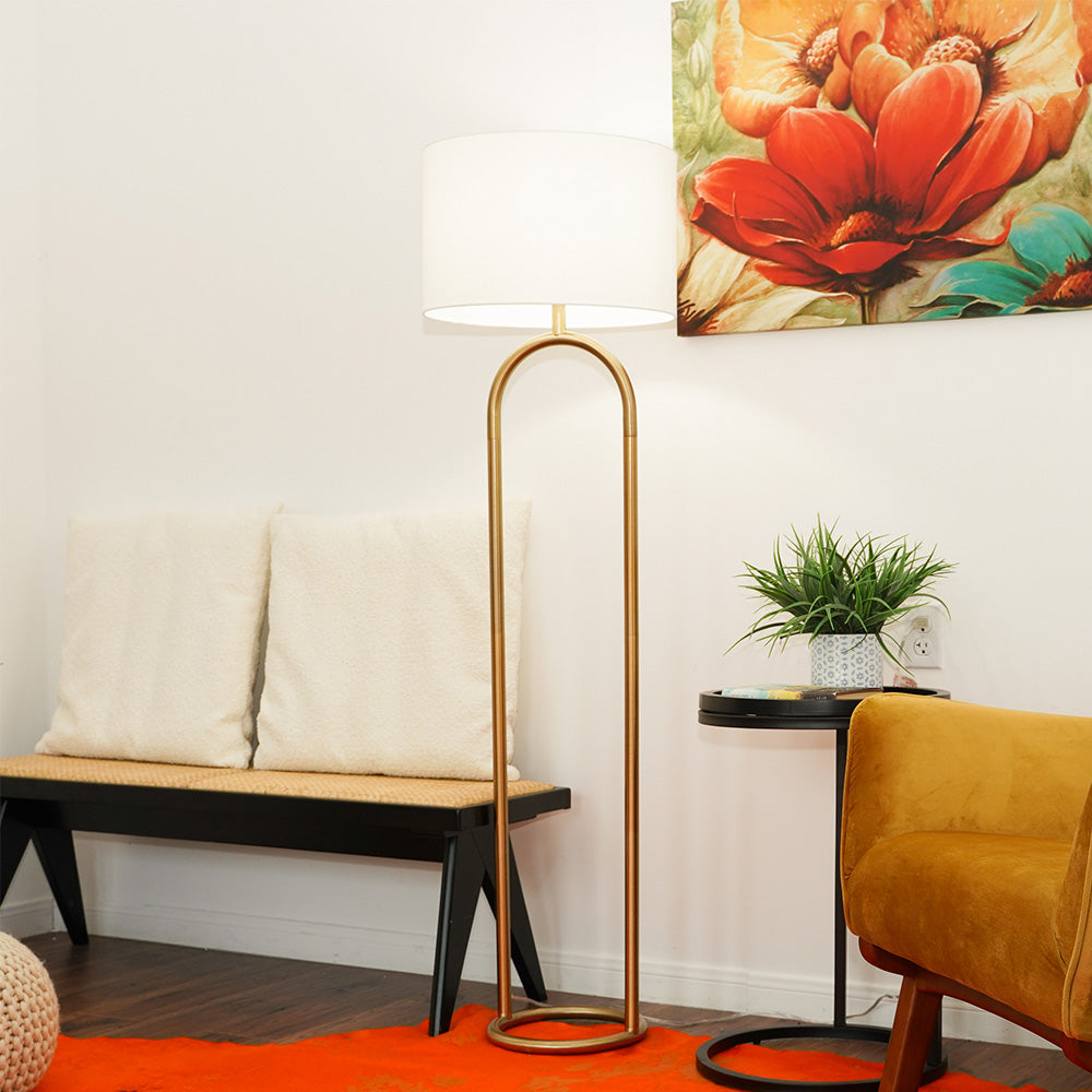 Nessa Brass Ring Base Floor Lamp with Large White Drum Shade