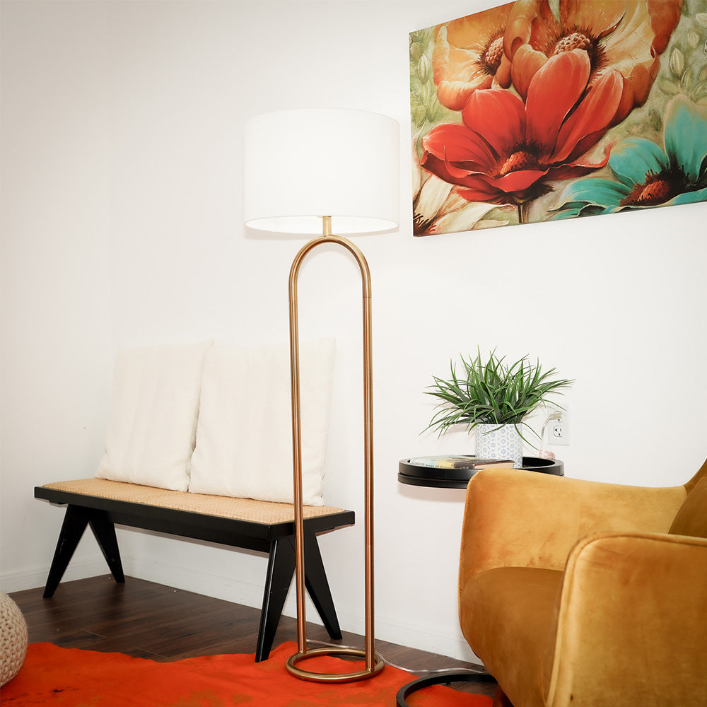 Nessa Brass Ring Base Floor Lamp with Large White Drum Shade