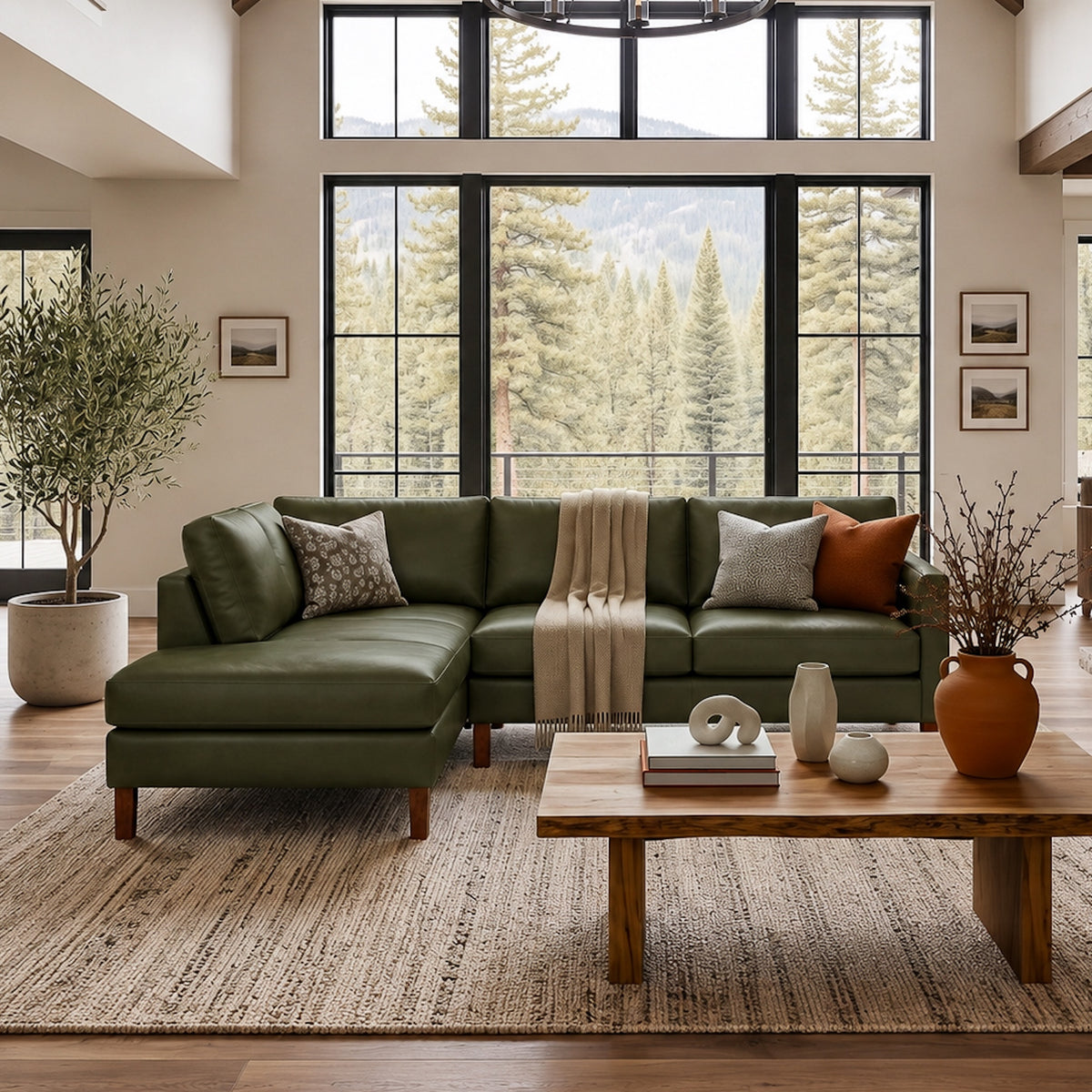 Alabama Green Leather Sectional Sofa