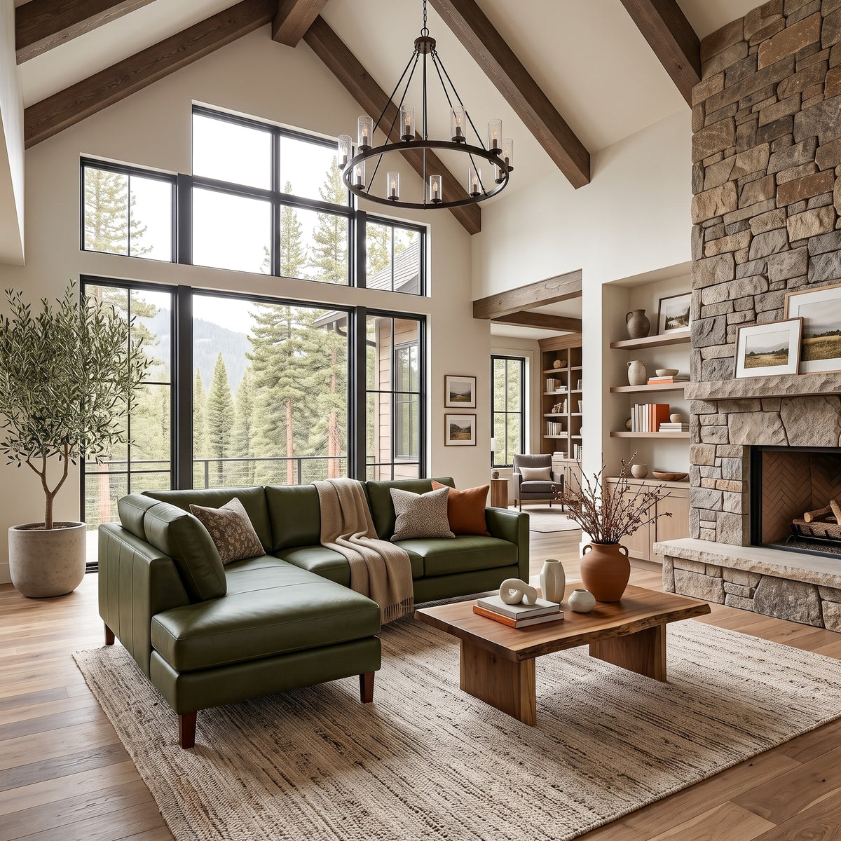 Alabama Green Leather Sectional Sofa