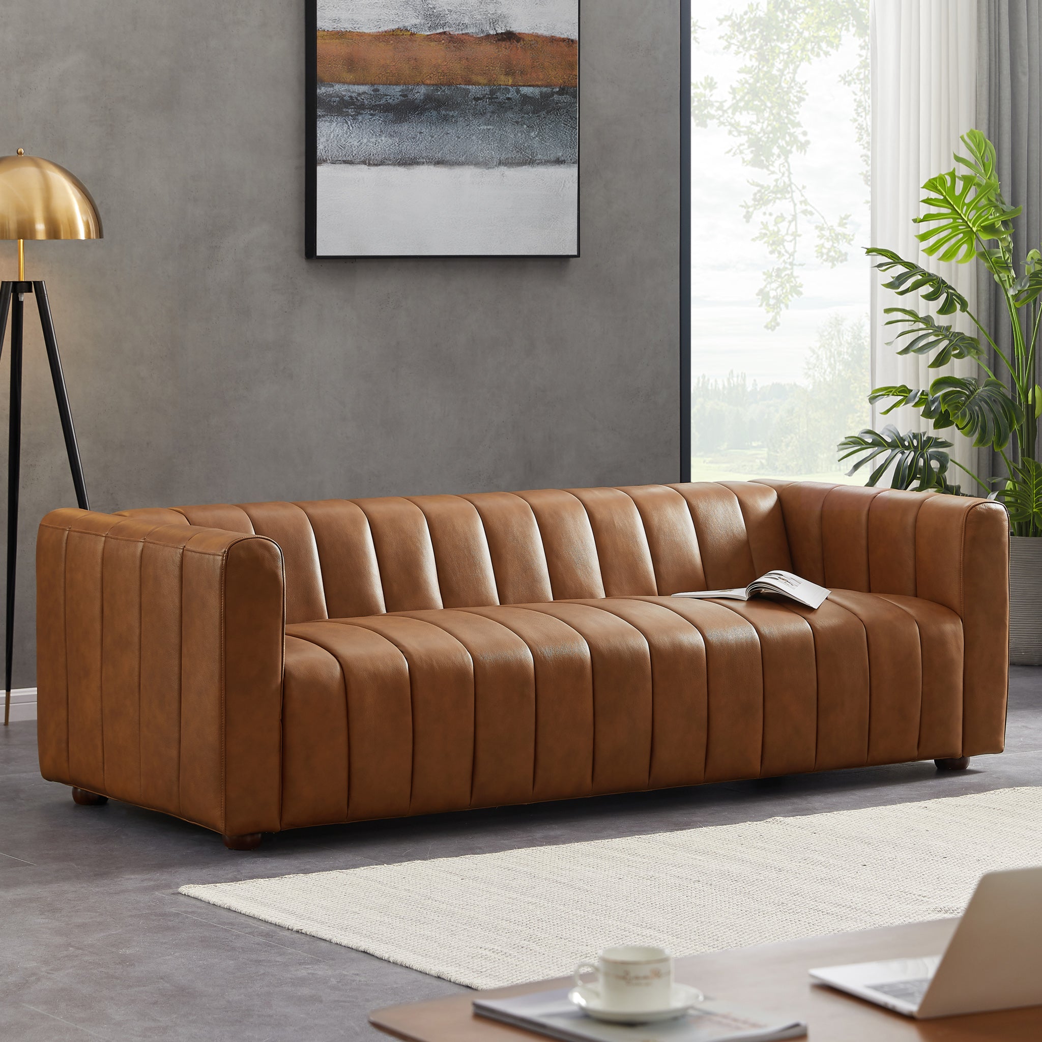 Celeste Mid-Century Modern Cognac Top-Grain Leather Sofa | New York Modern Furniture
