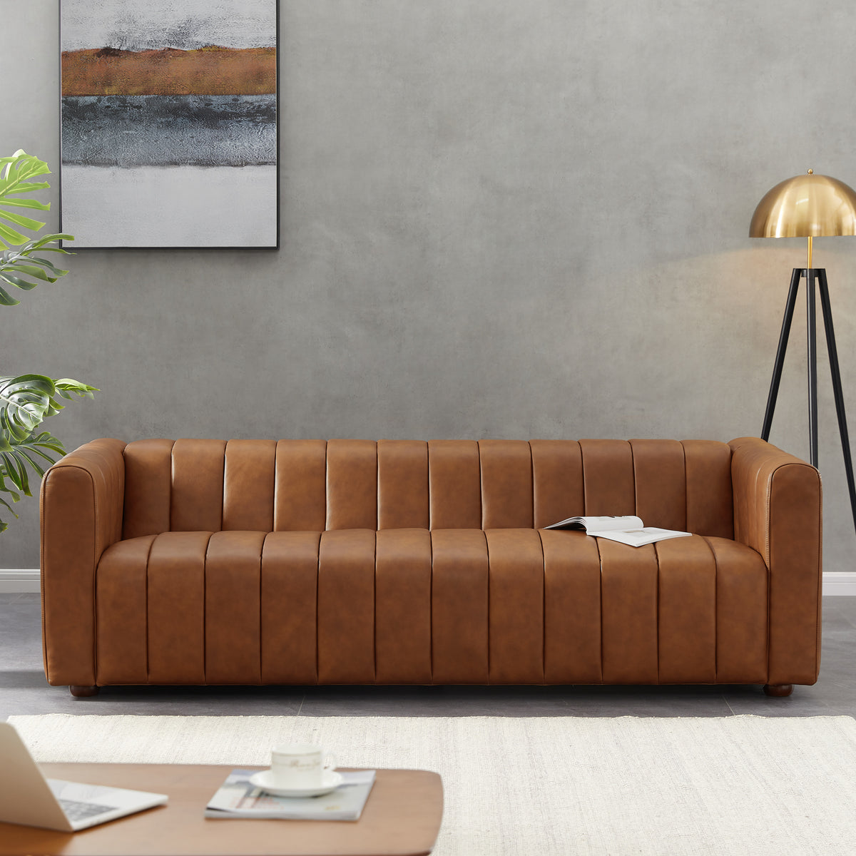Celeste Mid-Century Modern Cognac Top-Grain Leather Sofa | New York Modern Furniture