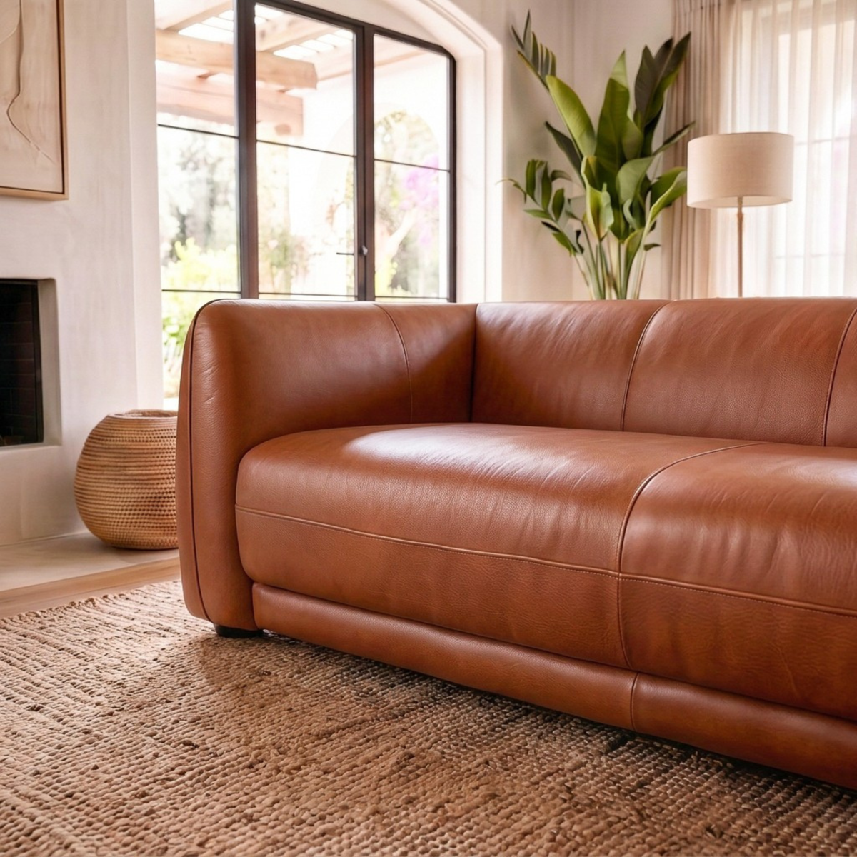 Washington Low-Profile Mid-Century Modern Tan Top-Grain Leather Sofa | New York Modern Furniture