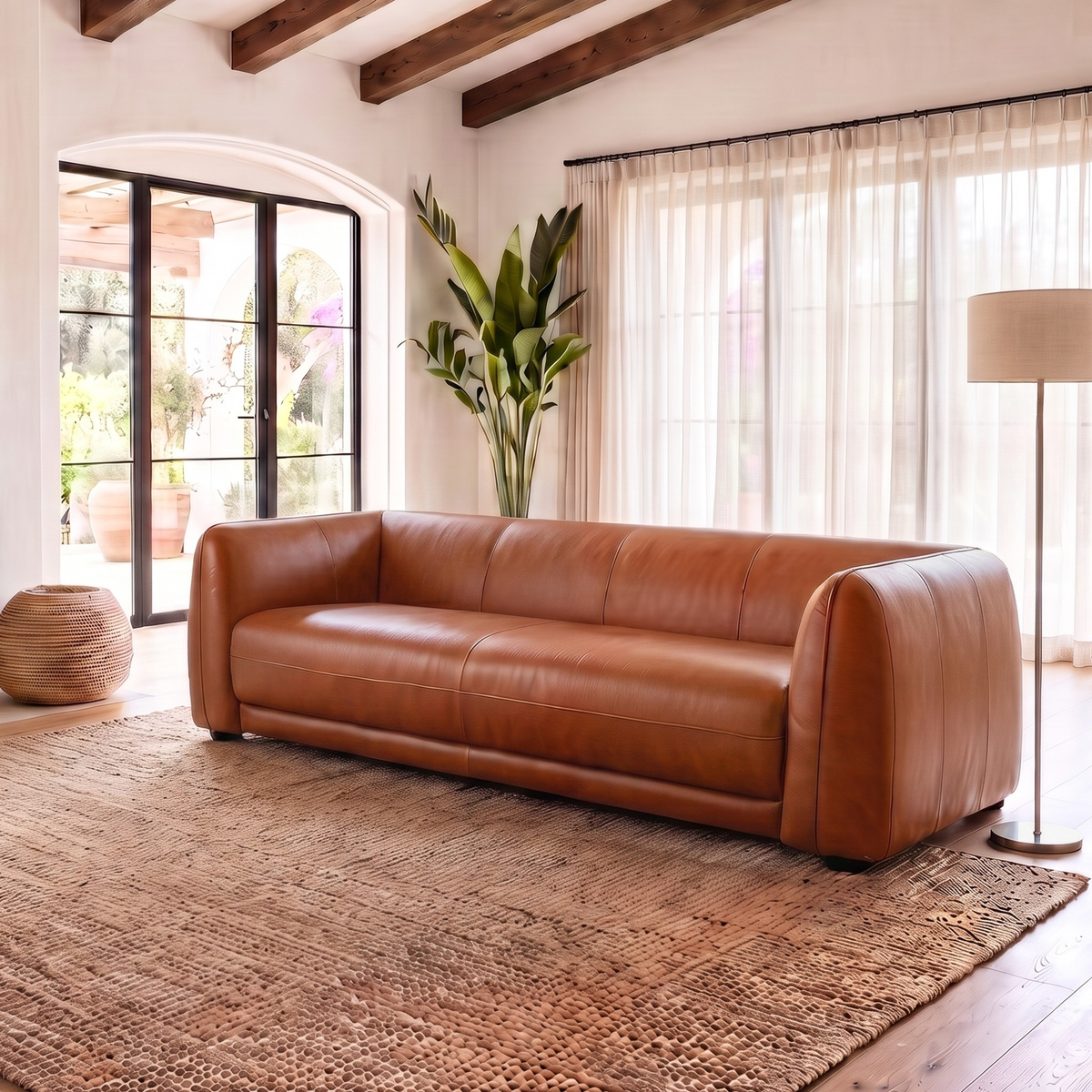 Washington Low-Profile Mid-Century Modern Tan Top-Grain Leather Sofa | New York Modern Furniture