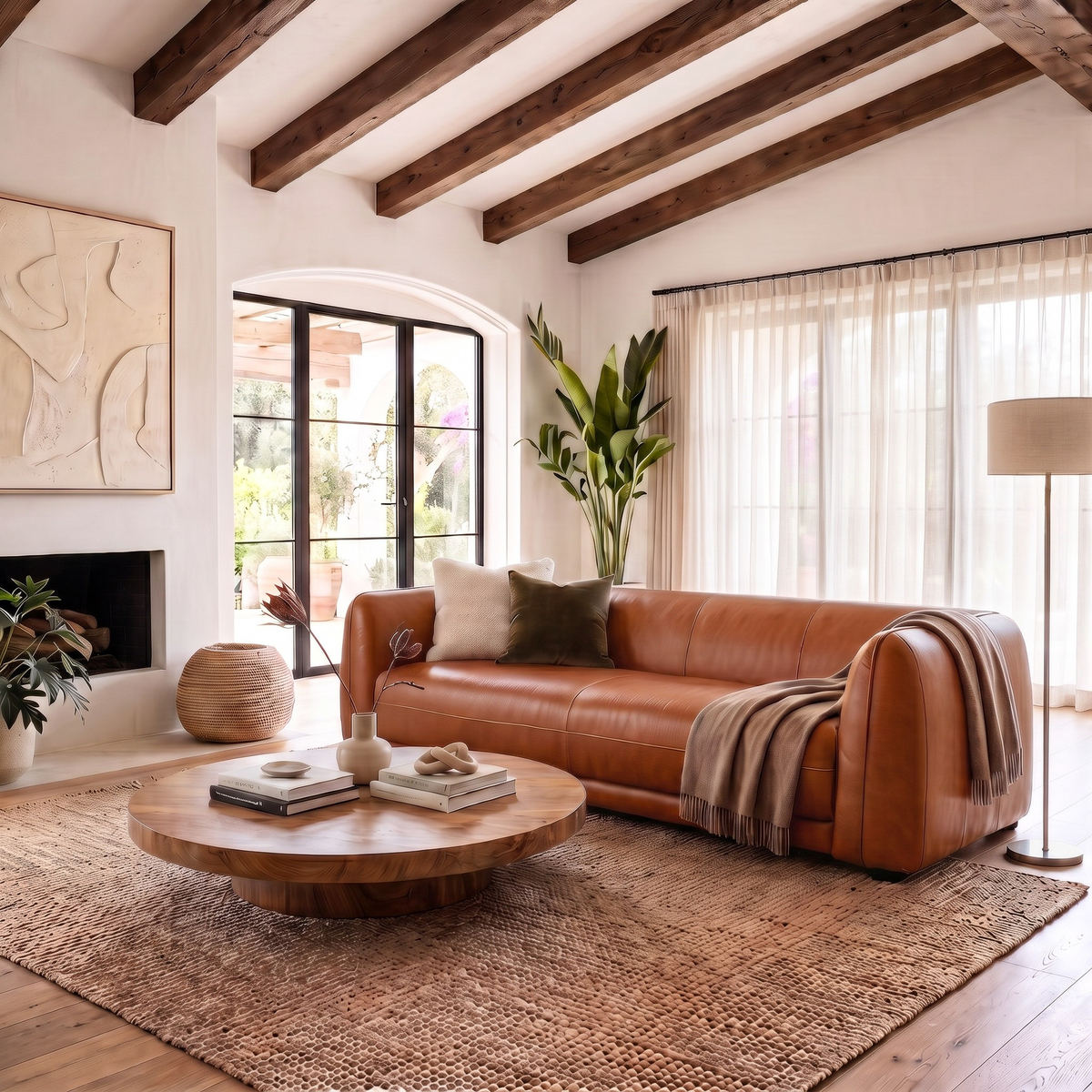 Washington Low-Profile Mid-Century Modern Tan Top-Grain Leather Sofa | New York Modern Furniture