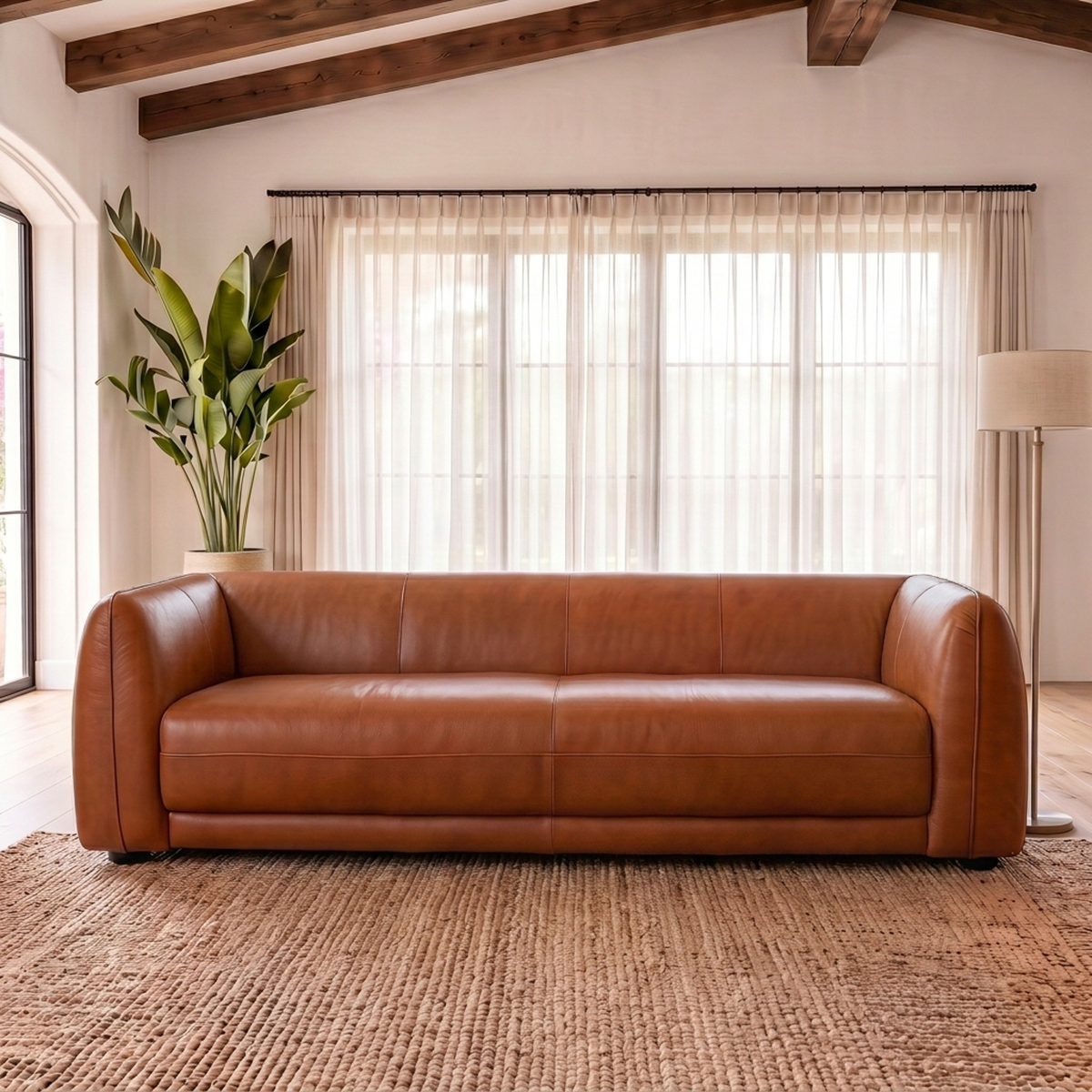 Washington Low-Profile Mid-Century Modern Tan Top-Grain Leather Sofa | New York Modern Furniture