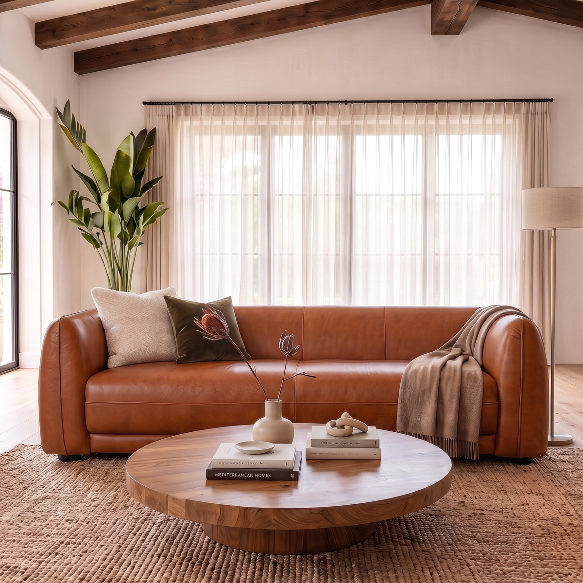 Washington Low-Profile Mid-Century Modern Tan Top-Grain Leather Sofa | New York Modern Furniture