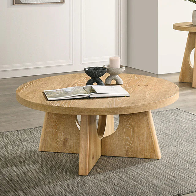 Olgod Contemporary Oak Round Coffee Table with Cross Cutout Pedestal Base