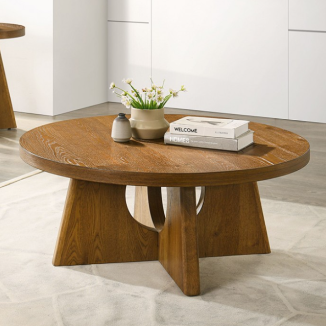 Olgod Contemporary Walnut Round Coffee Table with Cross Cutout Pedestal Base