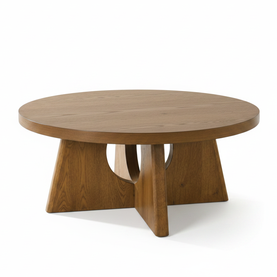 Olgod Contemporary Walnut Round Coffee Table with Cross Cutout Pedestal Base