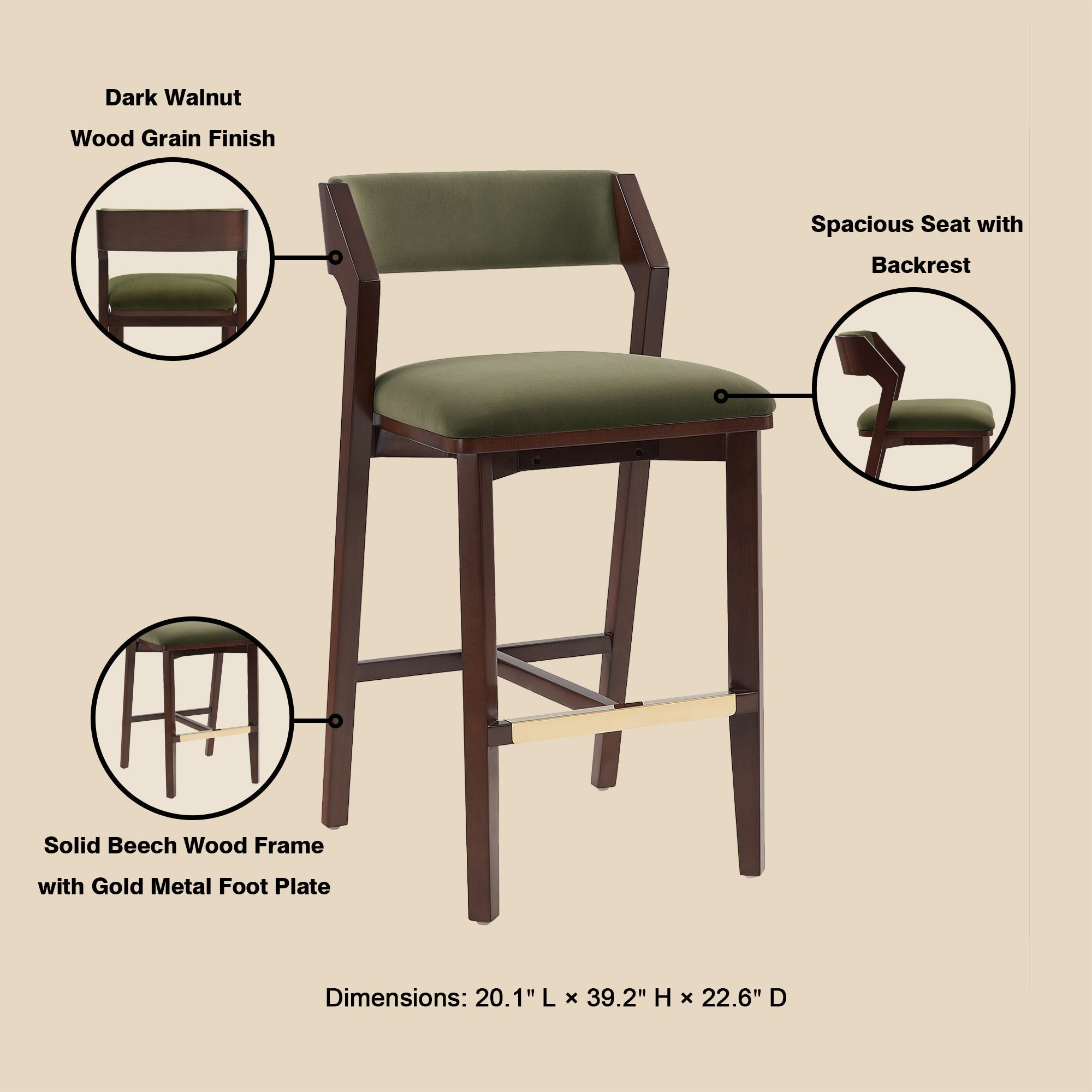 Patricia Velvet Barstool with Backrest - Turtle Green