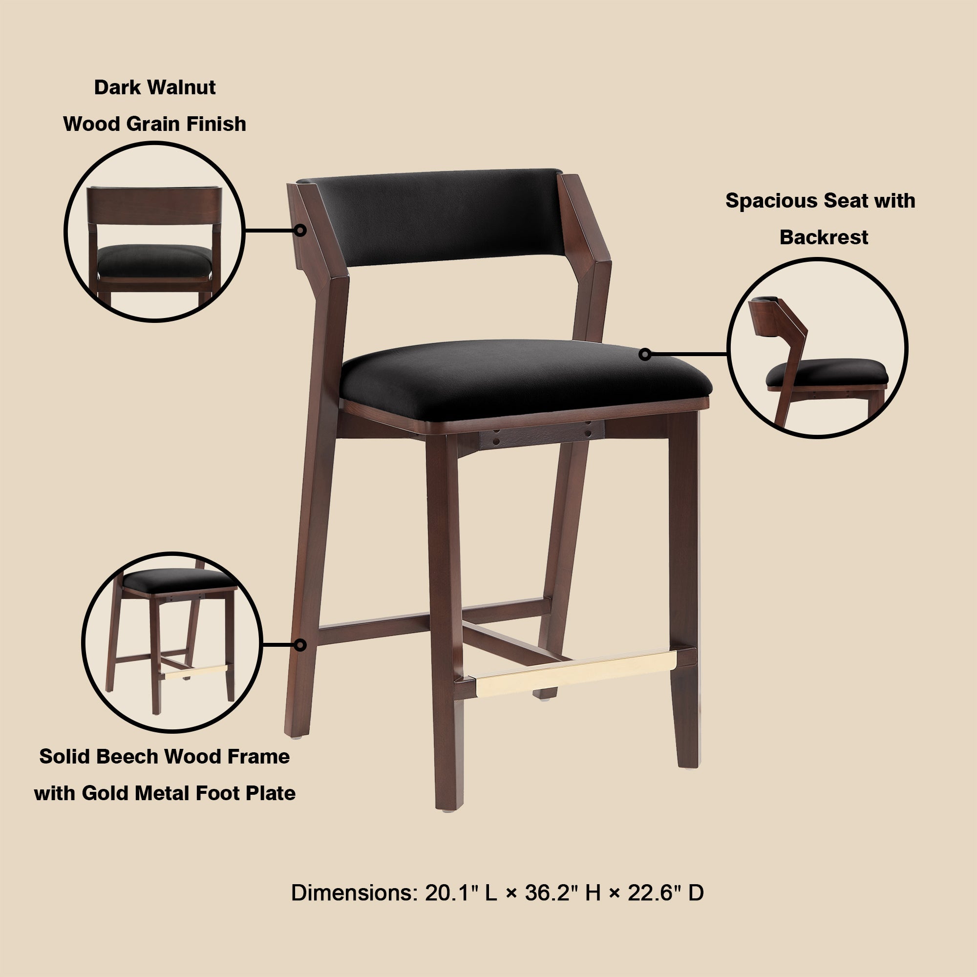 Patricia Velvet Counter Stool with Backrest - Black