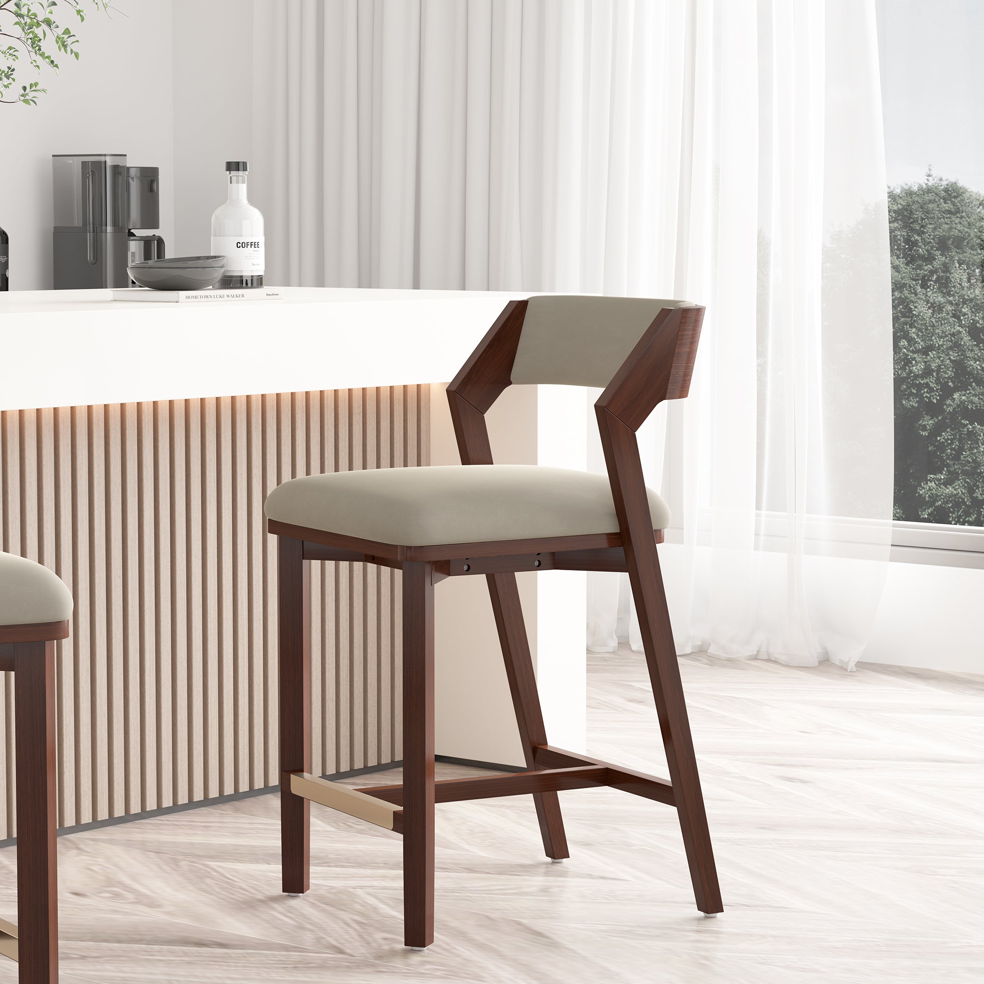 Patricia Velvet Counter Stool with Backrest - Linen