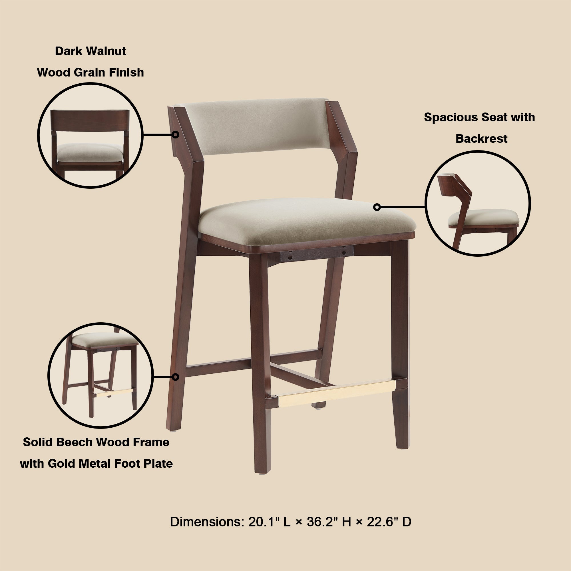 Patricia Velvet Counter Stool with Backrest - Linen