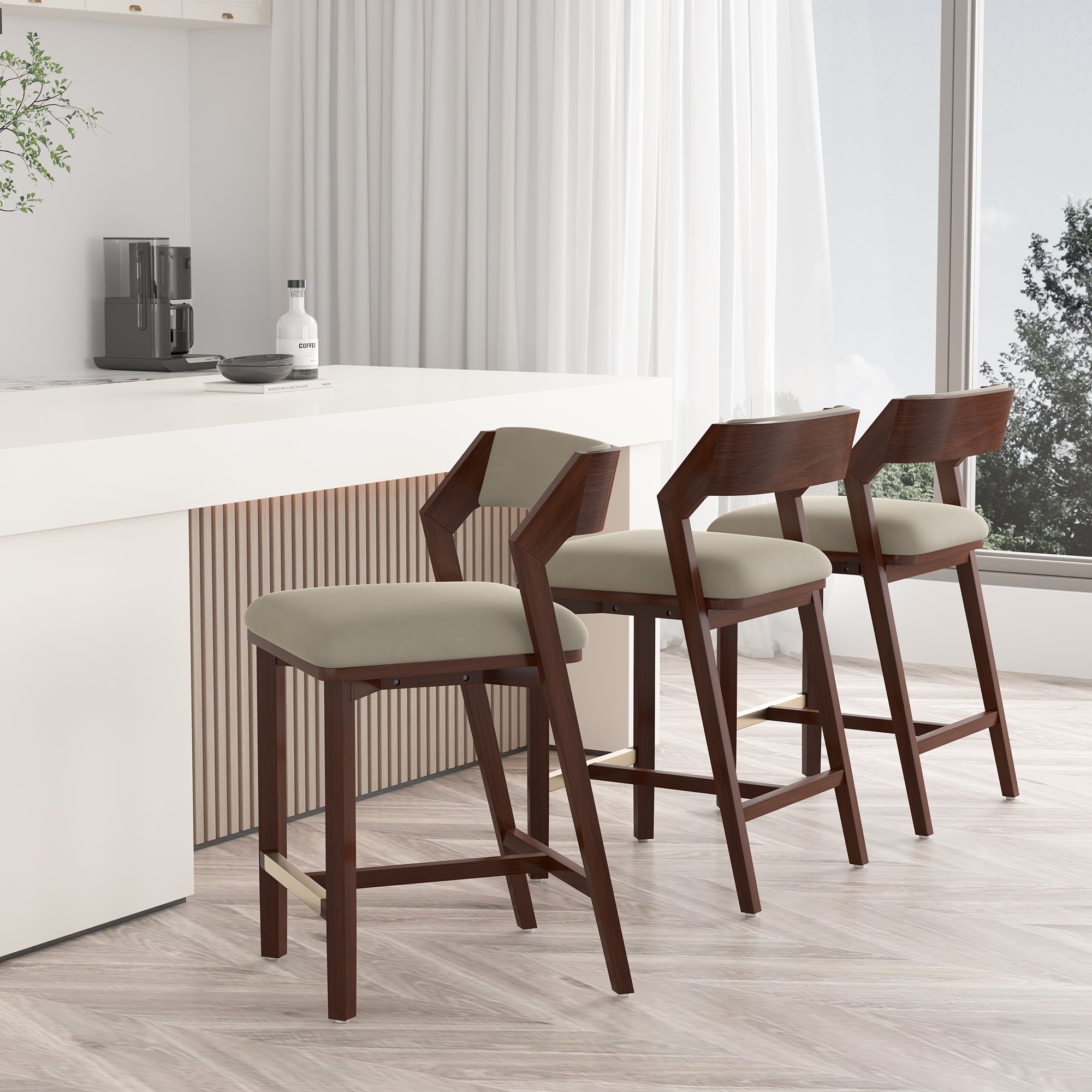 Patricia Velvet Counter Stool with Backrest - Linen