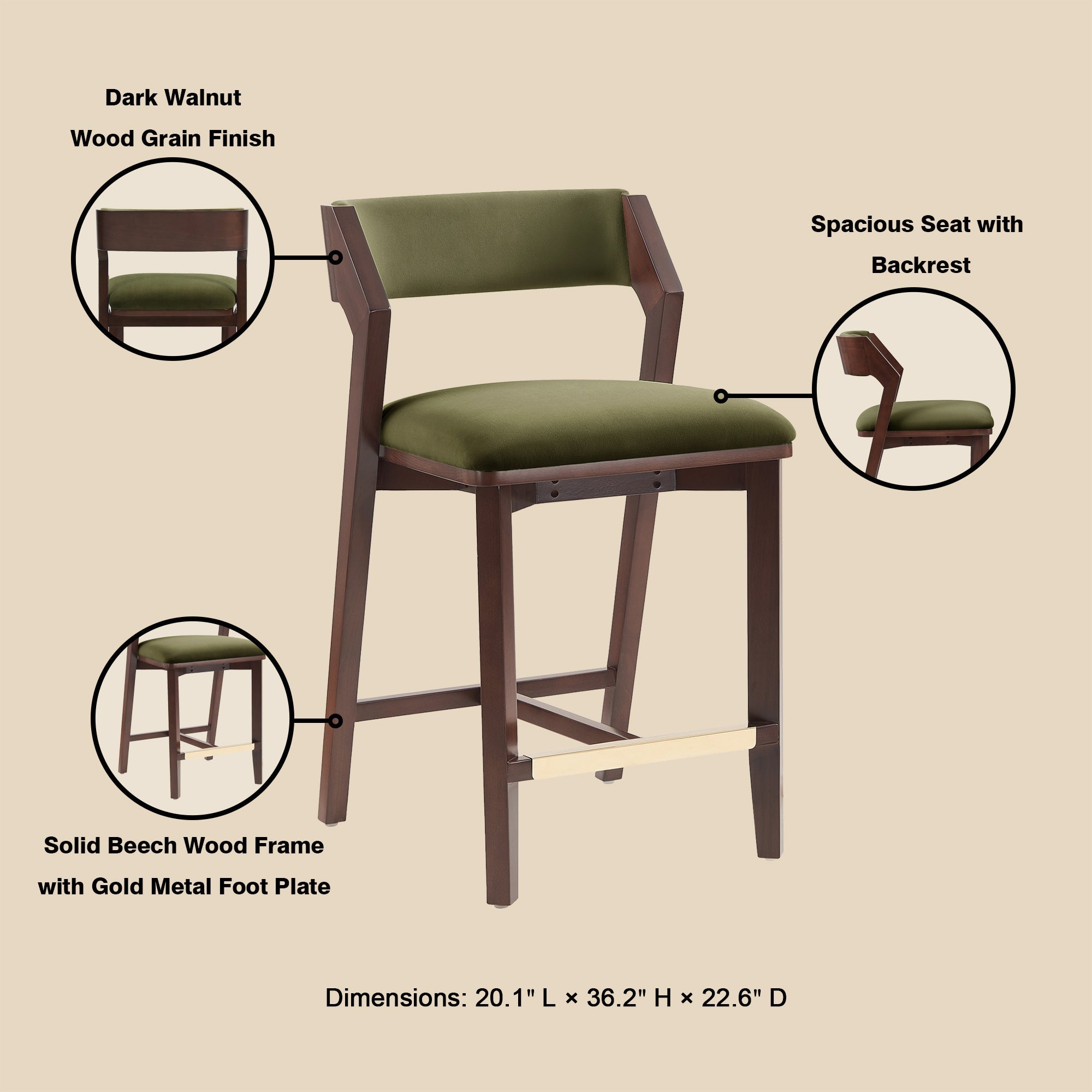 Patricia Velvet Counter Stool with Backrest - Turtle Green