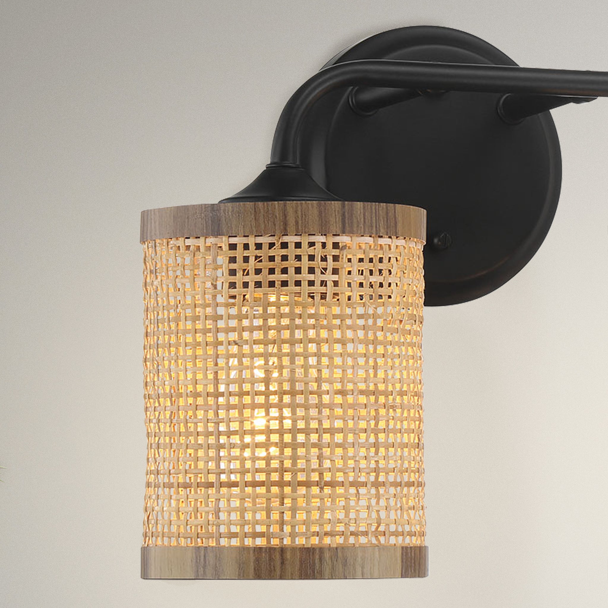 Norman Double Light Vanity With Natural Rattan Shade Wall Lamp