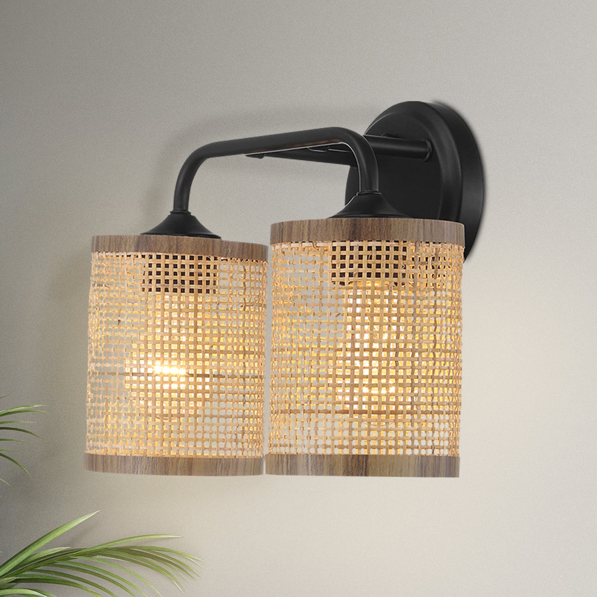 Norman Double Light Vanity With Natural Rattan Shade Wall Lamp