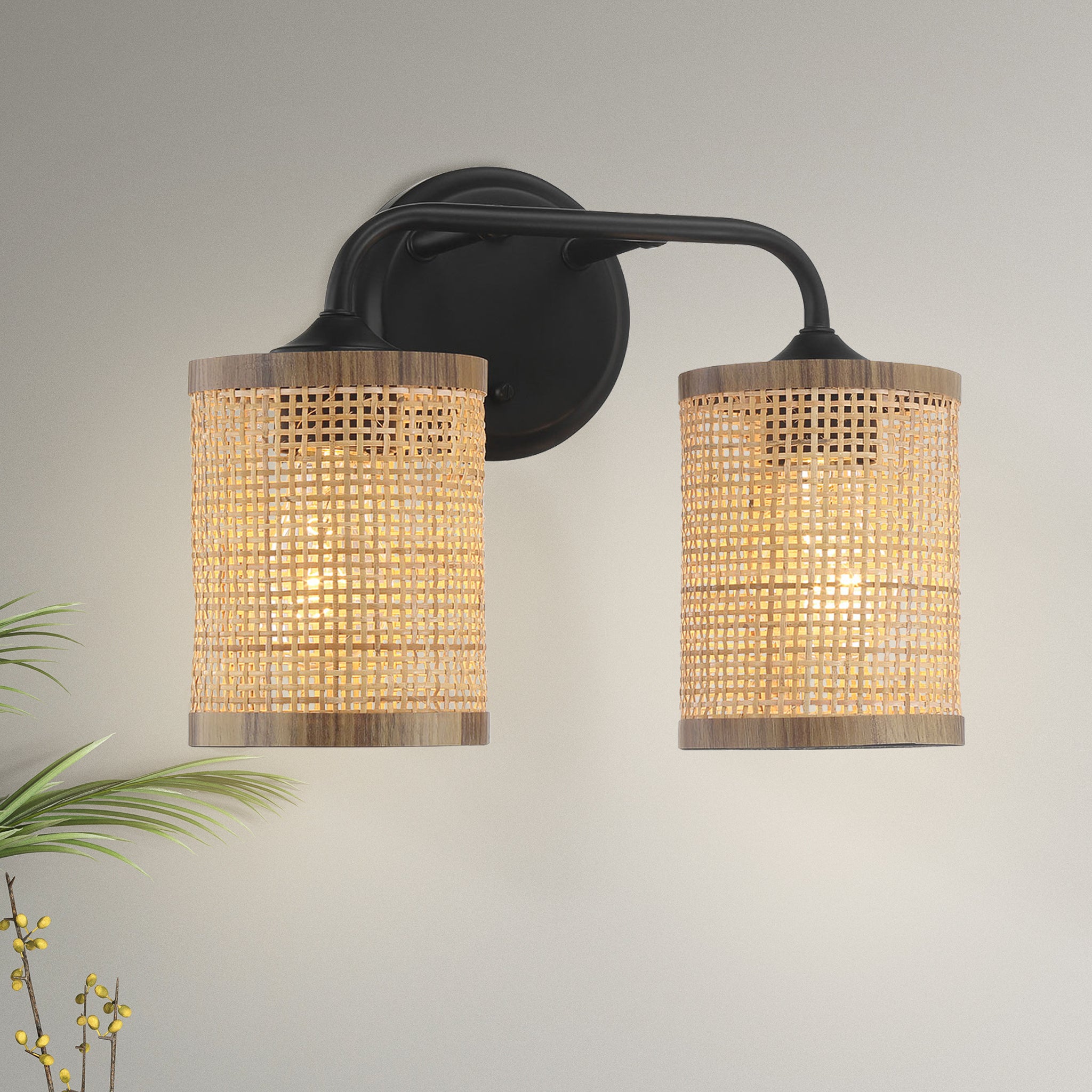 Norman Double Light Vanity With Natural Rattan Shade Wall Lamp