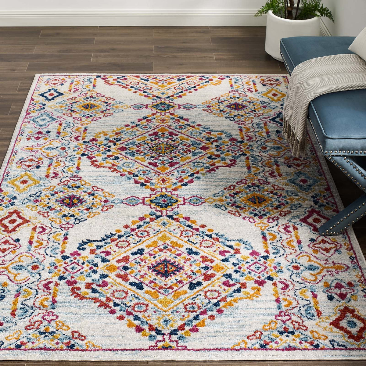 Entourage Khalida Distressed Floral Lattice Area Rug, 5x8, Ivory Blue Orange Yellow Red - view 7