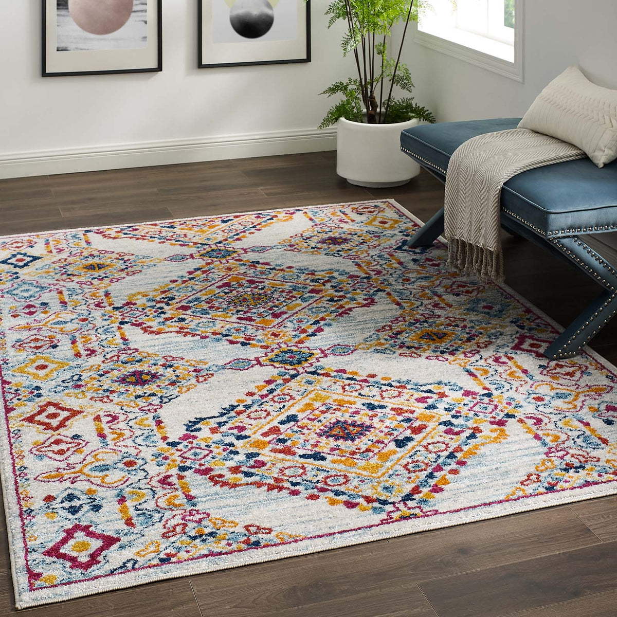 Entourage Khalida Distressed Floral Lattice Area Rug, 5x8, Ivory Blue Orange Yellow Red - view 8
