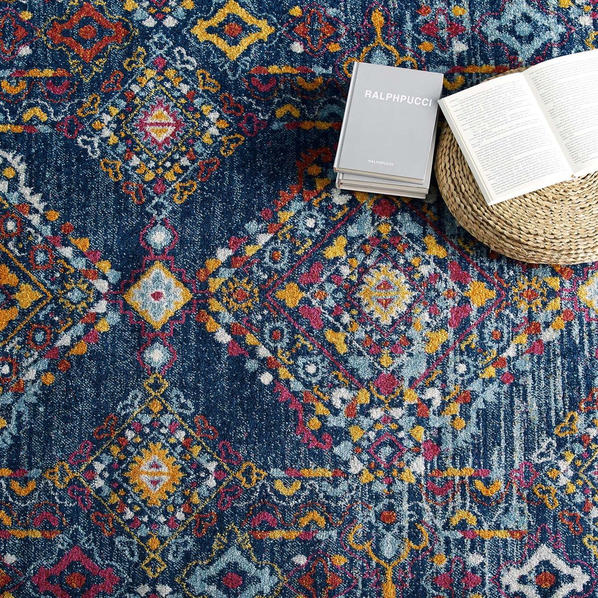 Entourage Khalida Distressed Floral Lattice Area Rug, 8x10, Blue Orange Yellow Red - view 7